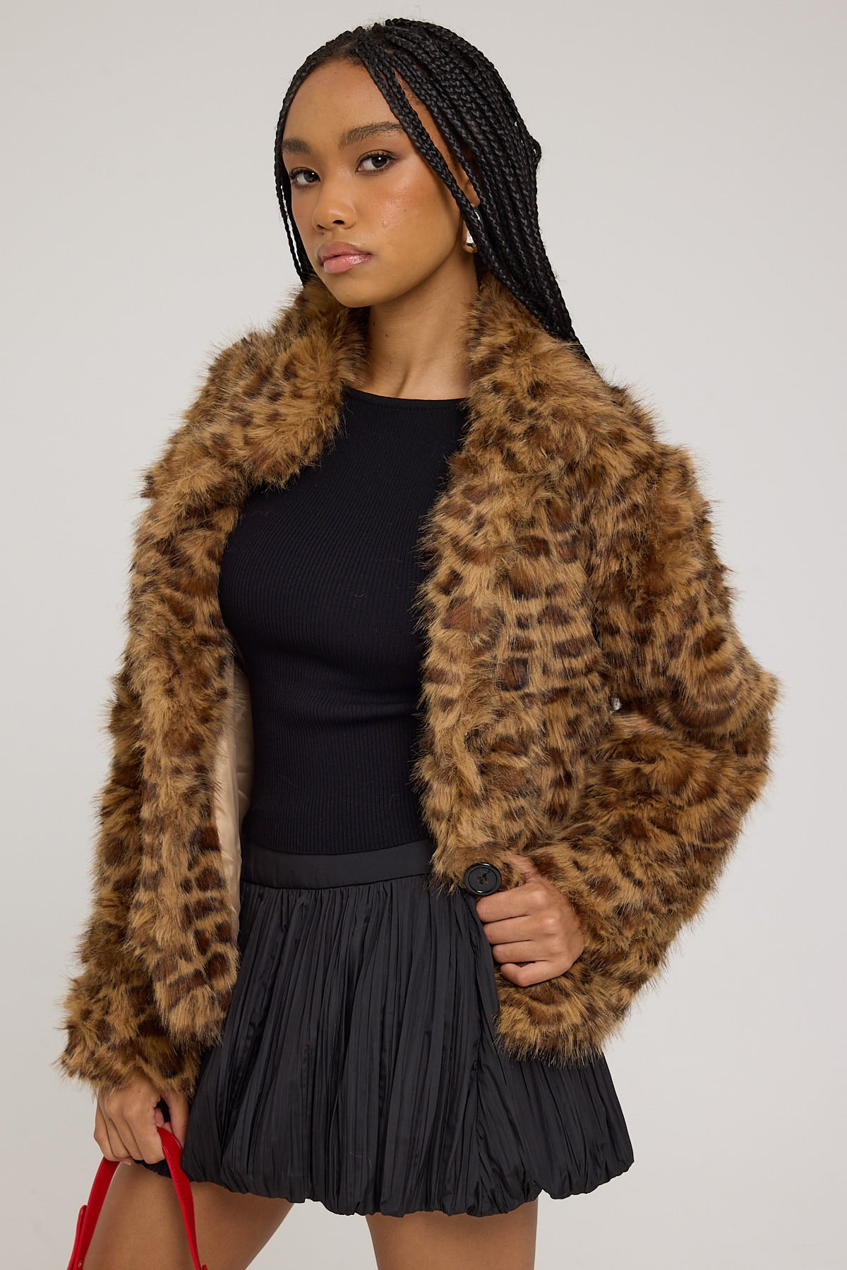Luck & Trouble Cheetah Leopard Faux Fur Jacket Brown Print