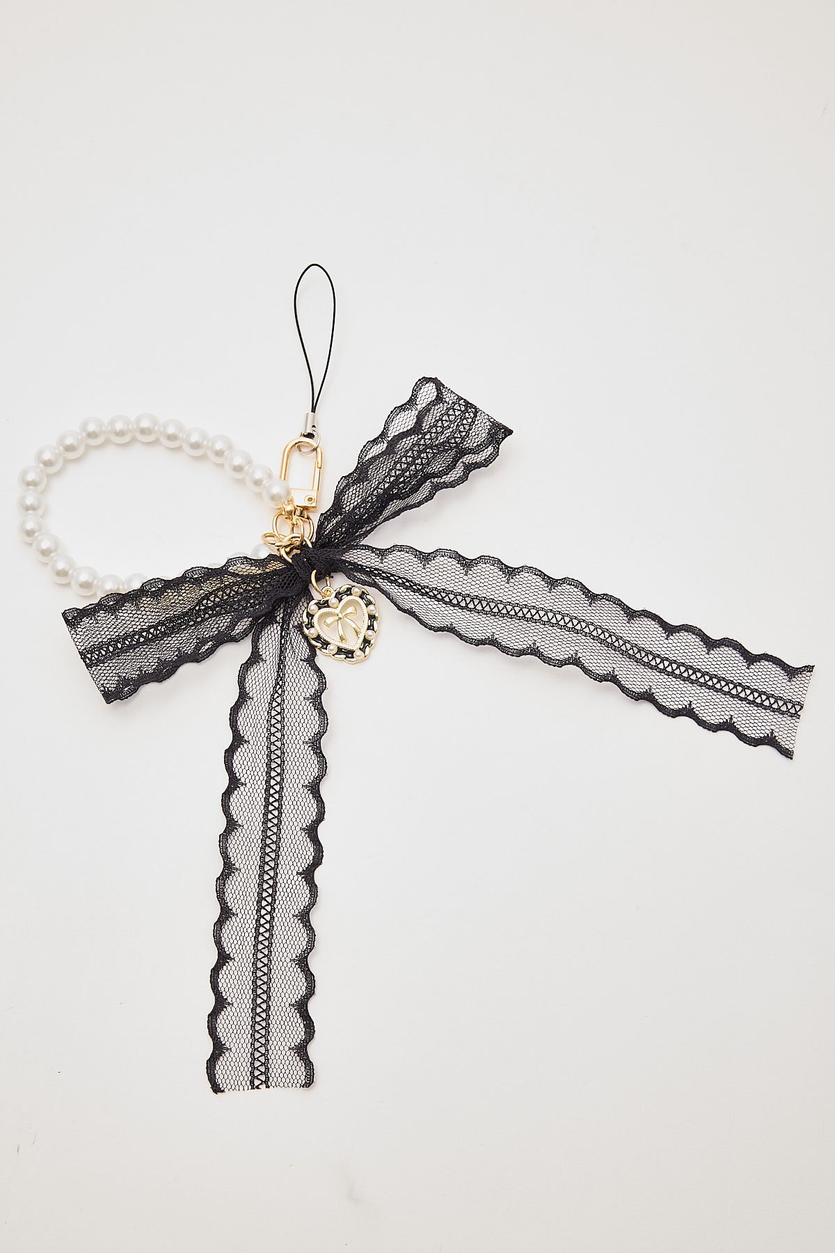 Token Lace Ribbon Pearl Bag Keychain Black / White