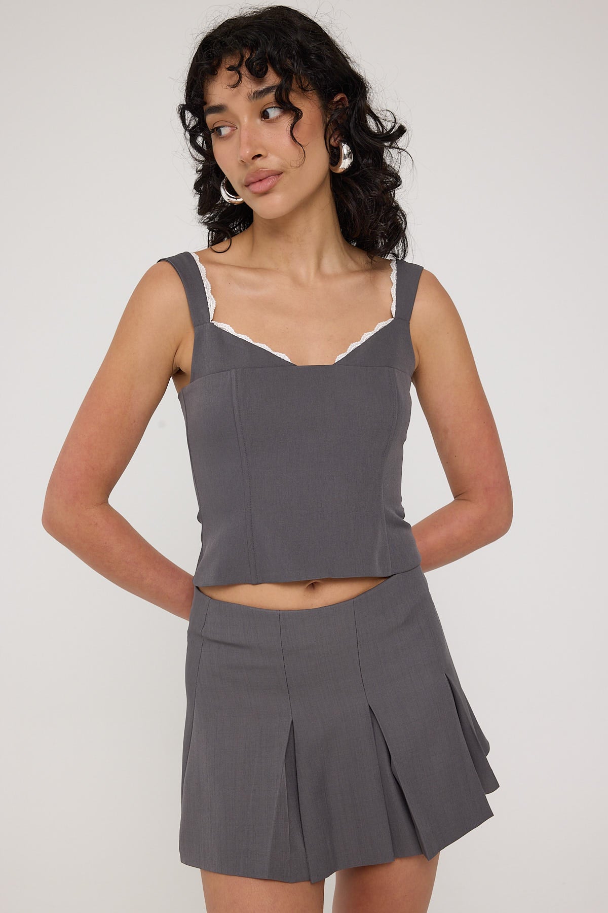 Luck & Trouble Model Me Lace Back Corset Top Grey