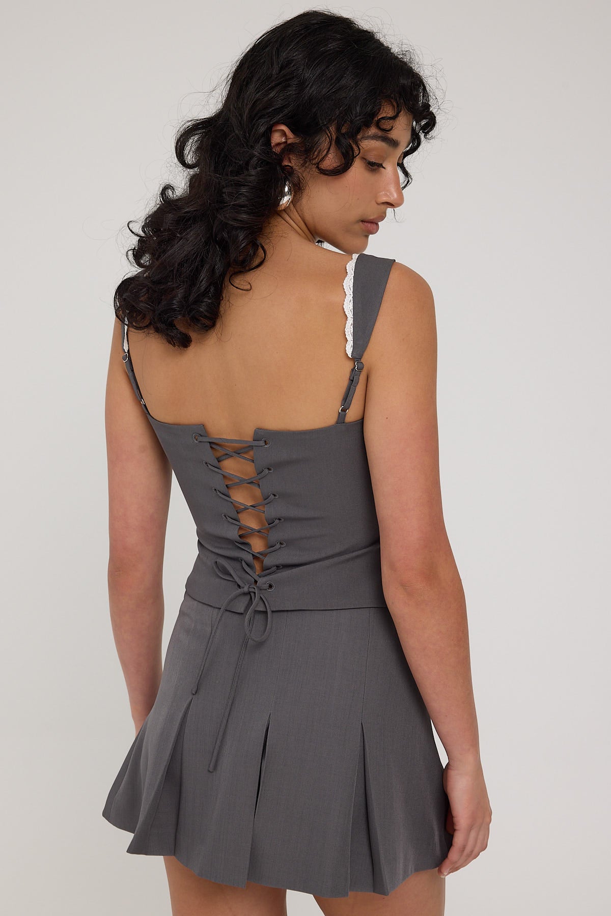 Luck & Trouble Model Me Lace Back Corset Top Grey