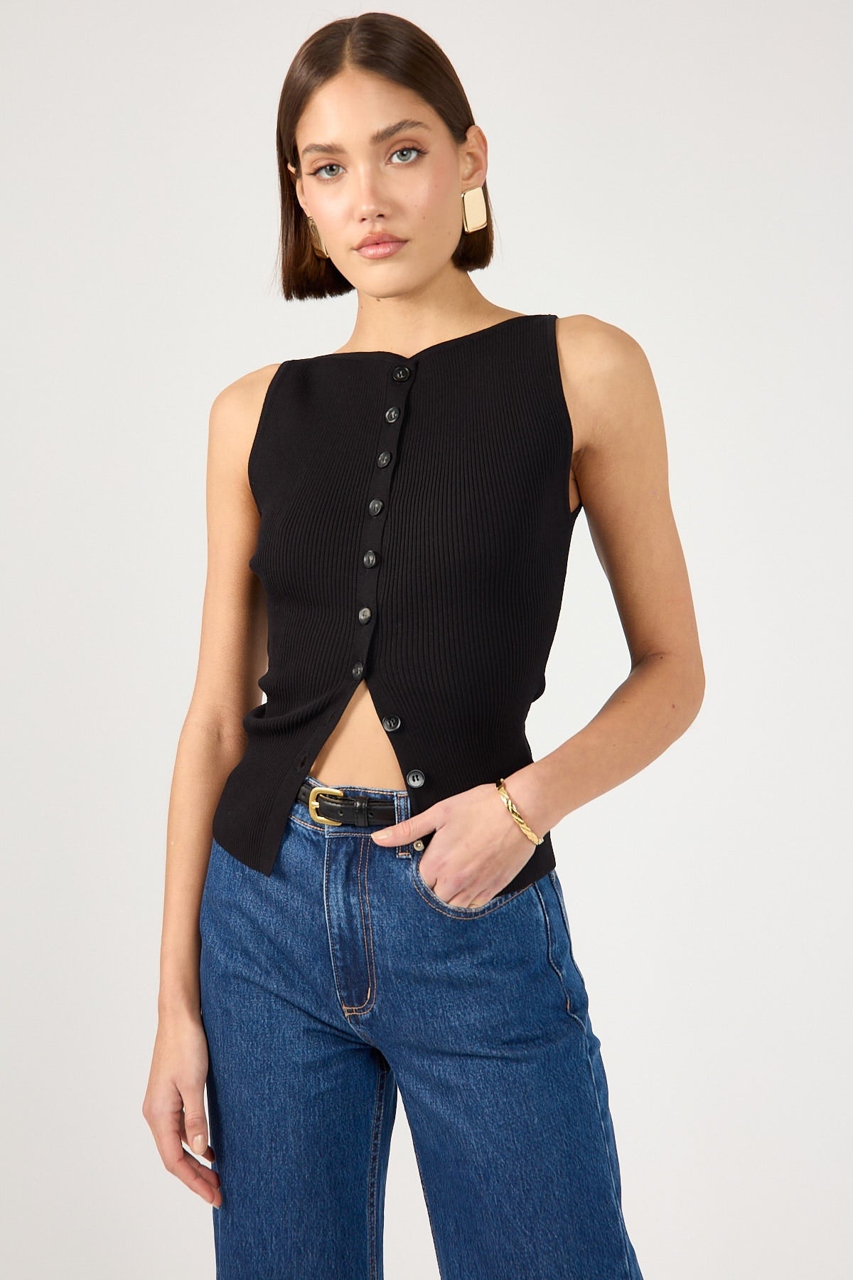 Perfect Stranger High Neck Button Up Rib Knit Top Black