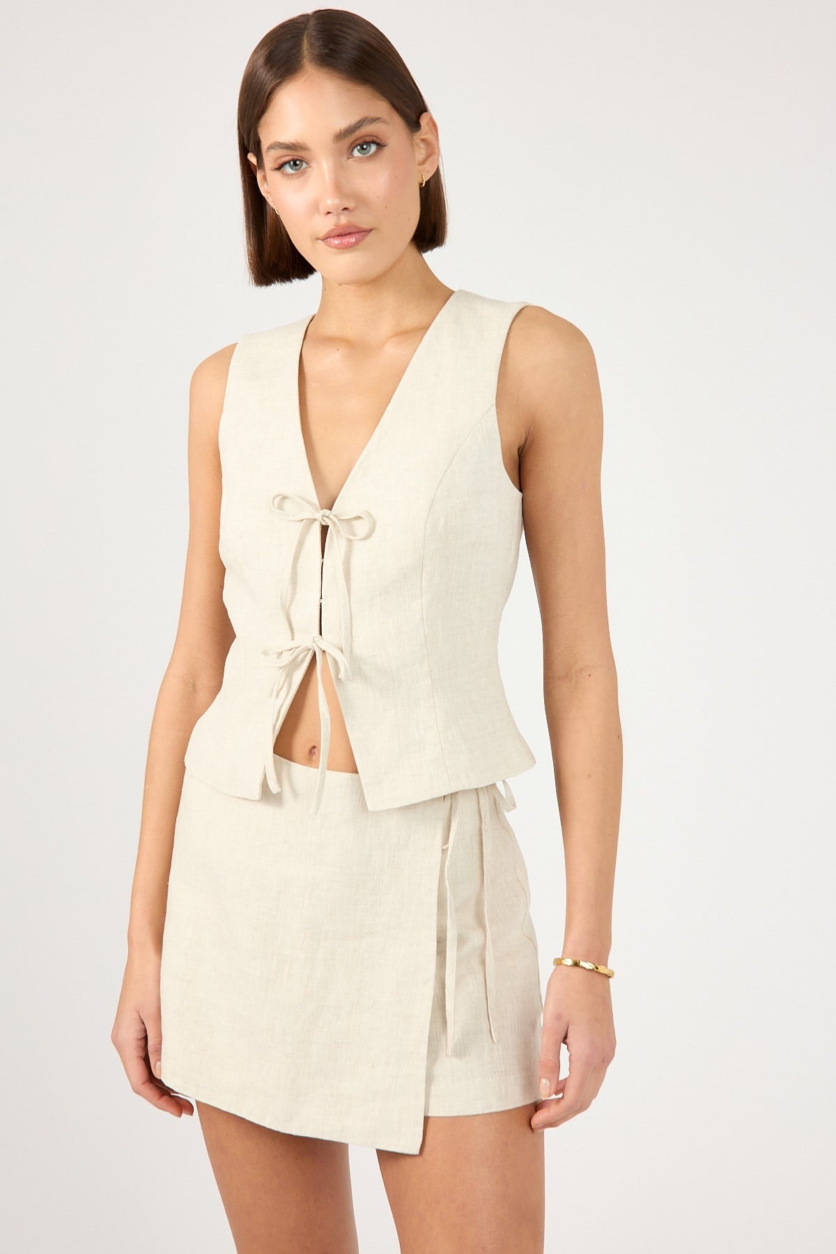 Perfect Stranger Linen Tie Up Vest Top Oatmeal