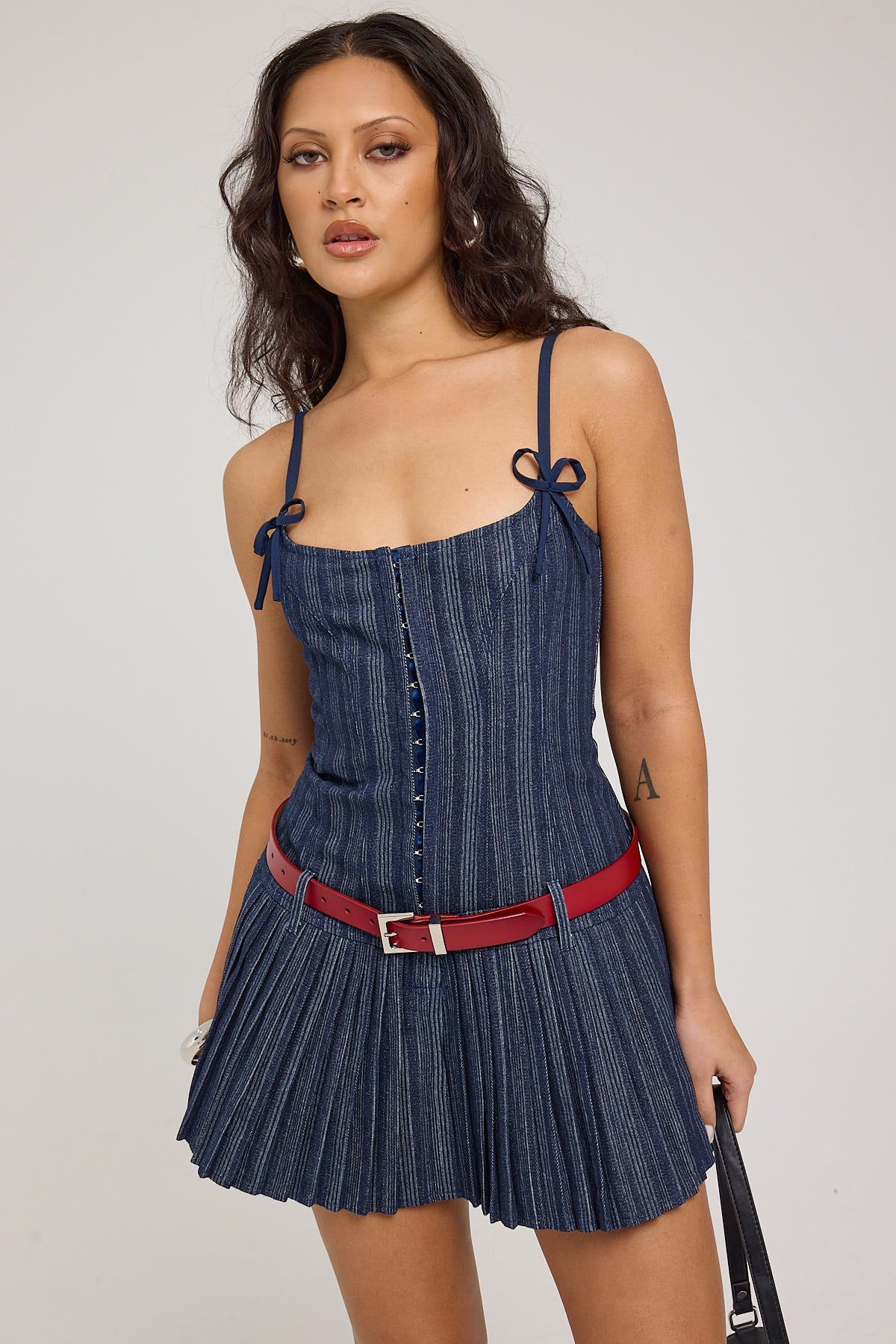 lioness denim dress Rider Mini in Blue front closure Lioness Girl Next Door Denim