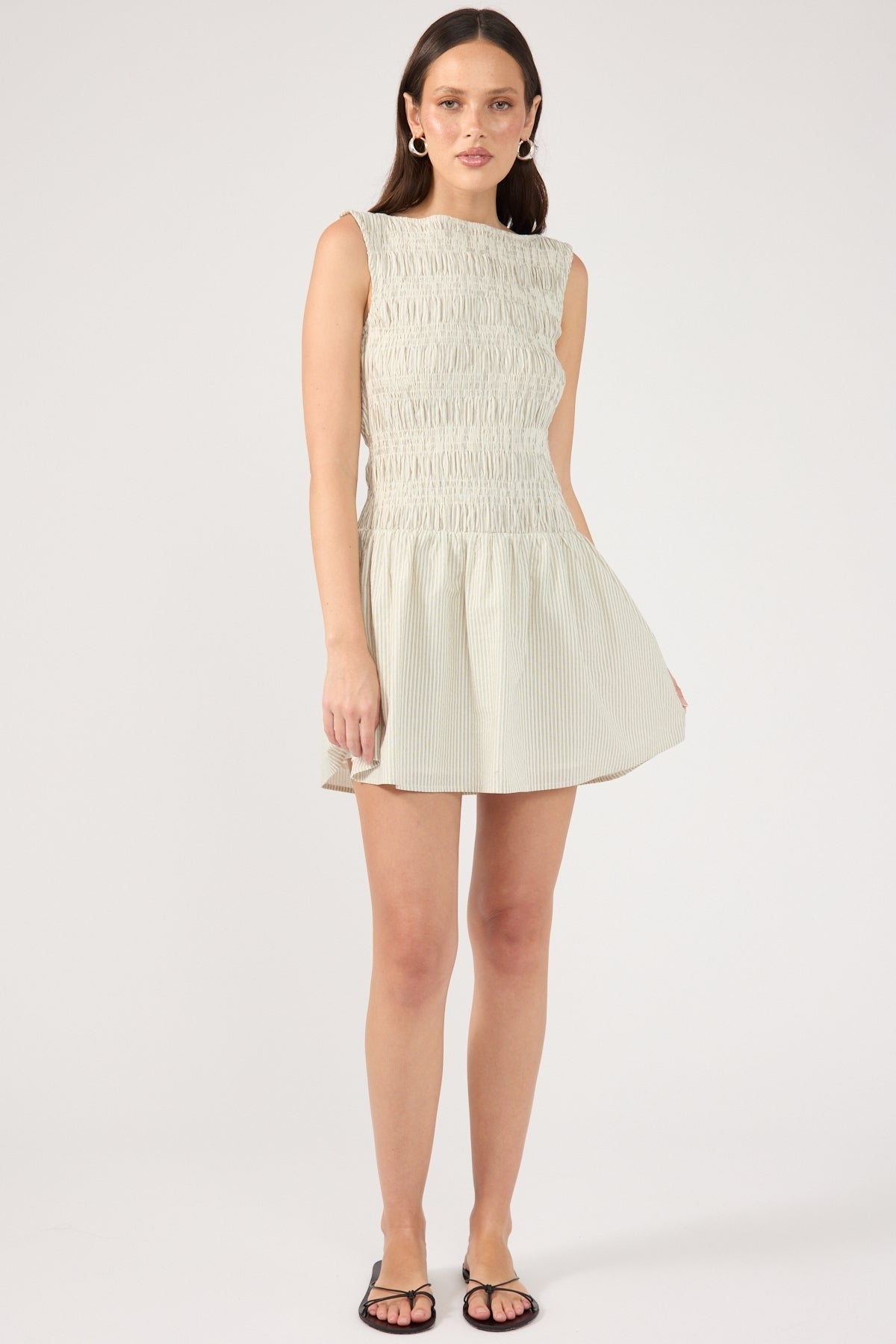 Perfect Stranger Shirred High Neck Mini Dress White Stripe