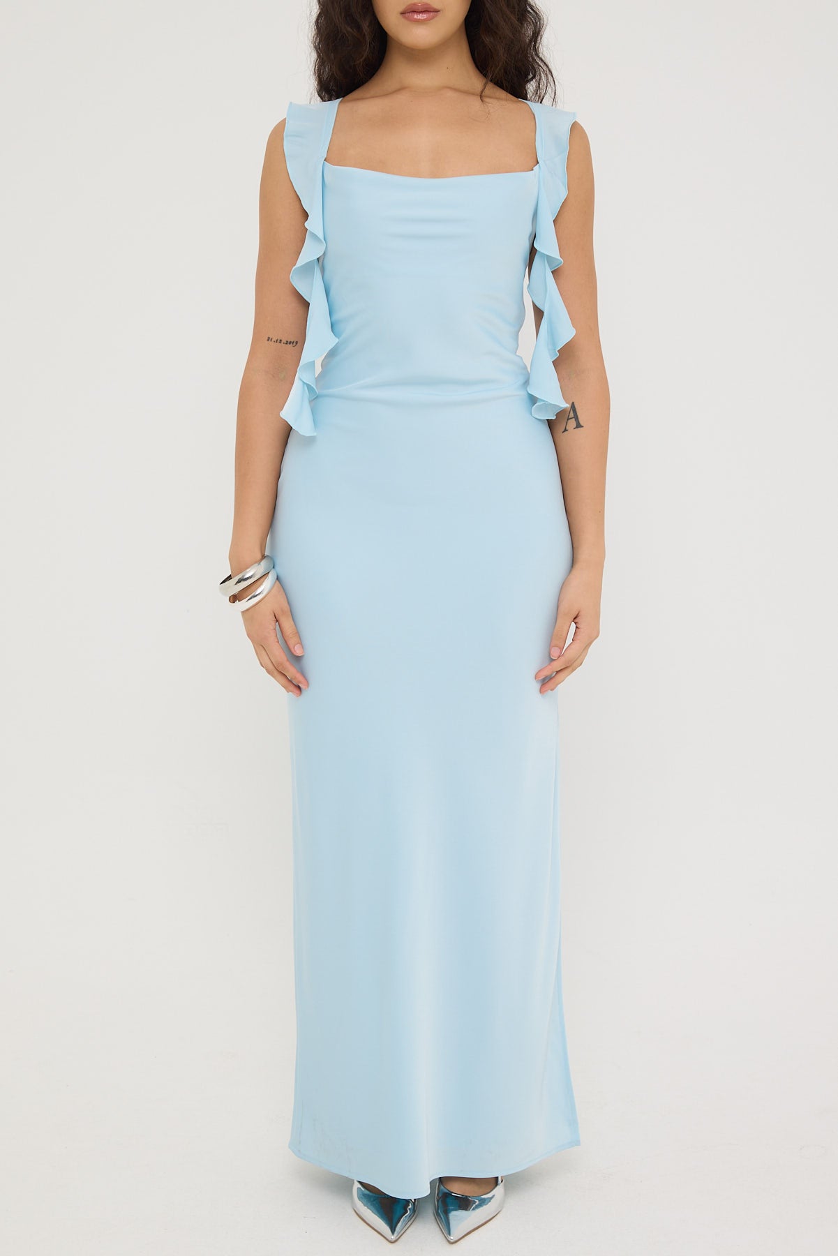 Luck & Trouble Slight Cowl Ruffle Maxi Dress Light Blue Universal Store Luck & Trouble Slight Cowl Ruffle Maxi Dress Light Blue Universal Store