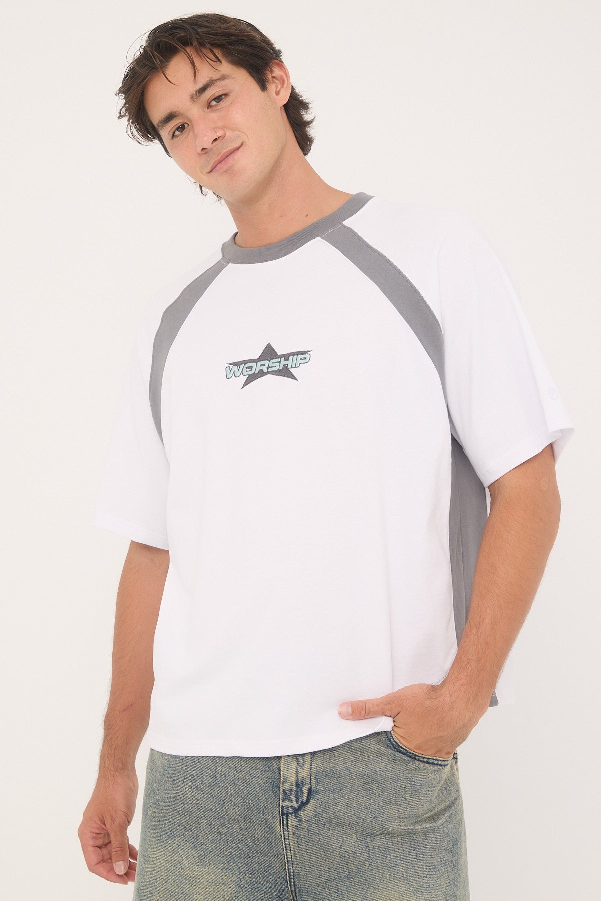 Worship Orion Oversize Raglan Tee White/Steel Grey