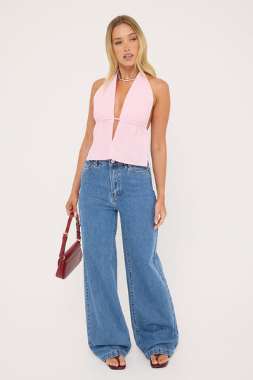 Luck + Trouble Cyan Stripe Halter Top Pink Stripe