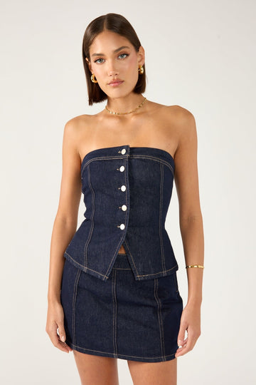 Perfect Stranger Mila Denim Button Up Top Dark Blue Denim
