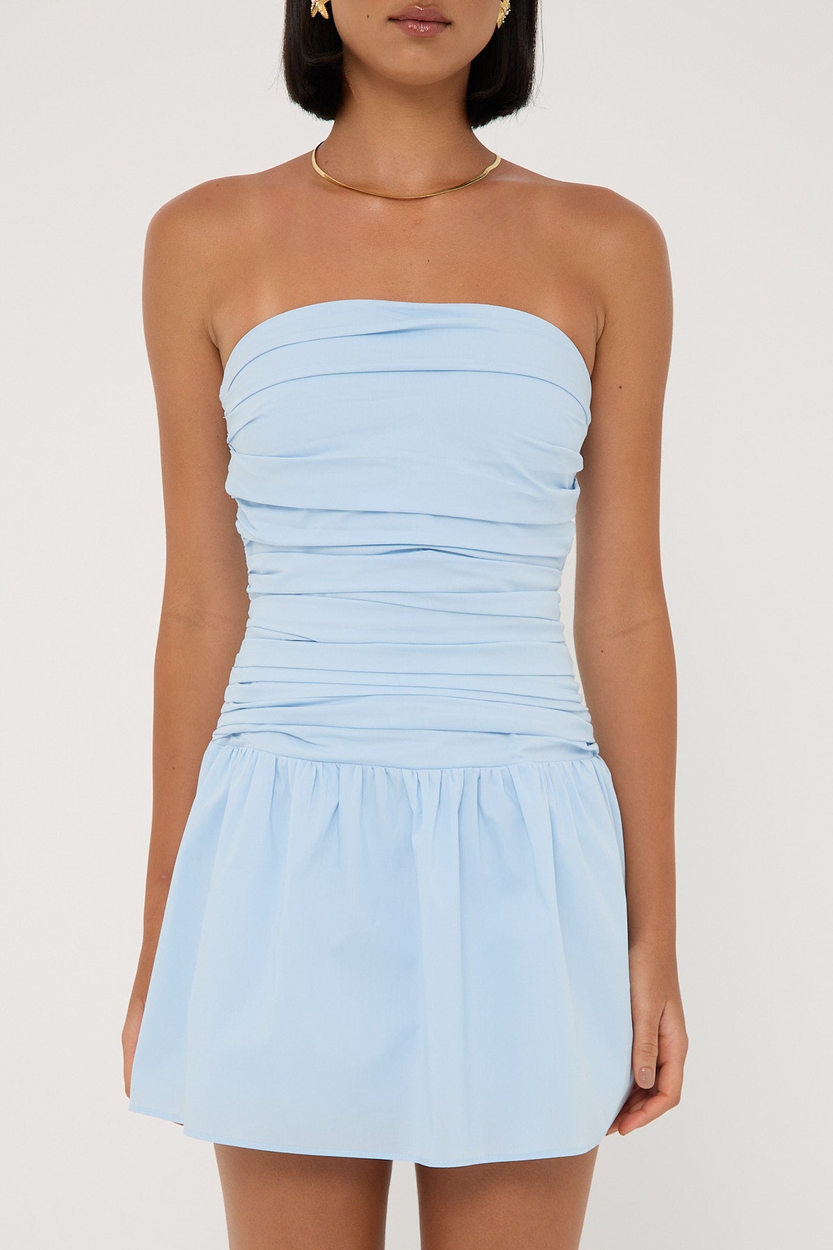 mini formal women's light blue strapless dress for school Luck & Trouble Strapless Drop Waist Mini Dress Light Blue – Universal Store