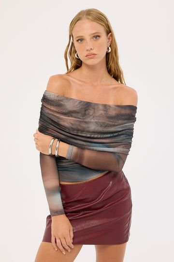 Luck + Trouble Meteor Elyse Off Shoulder Recycled Top Blur Print