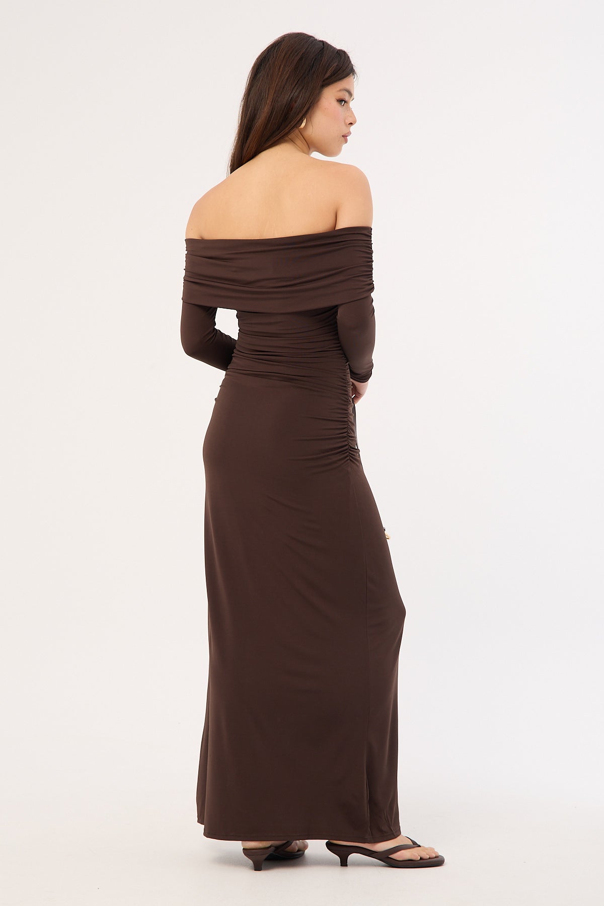 Perfect Stranger Rosetta Off Shoulder Long Sleeve Maxi Dress Ash Brown