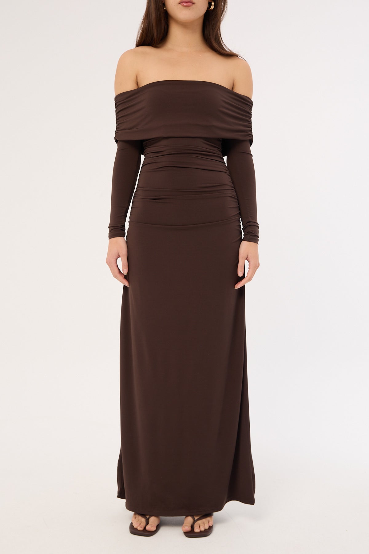 Perfect Stranger Rosetta Off Shoulder Long Sleeve Maxi Dress Ash Brown   Universal Store
