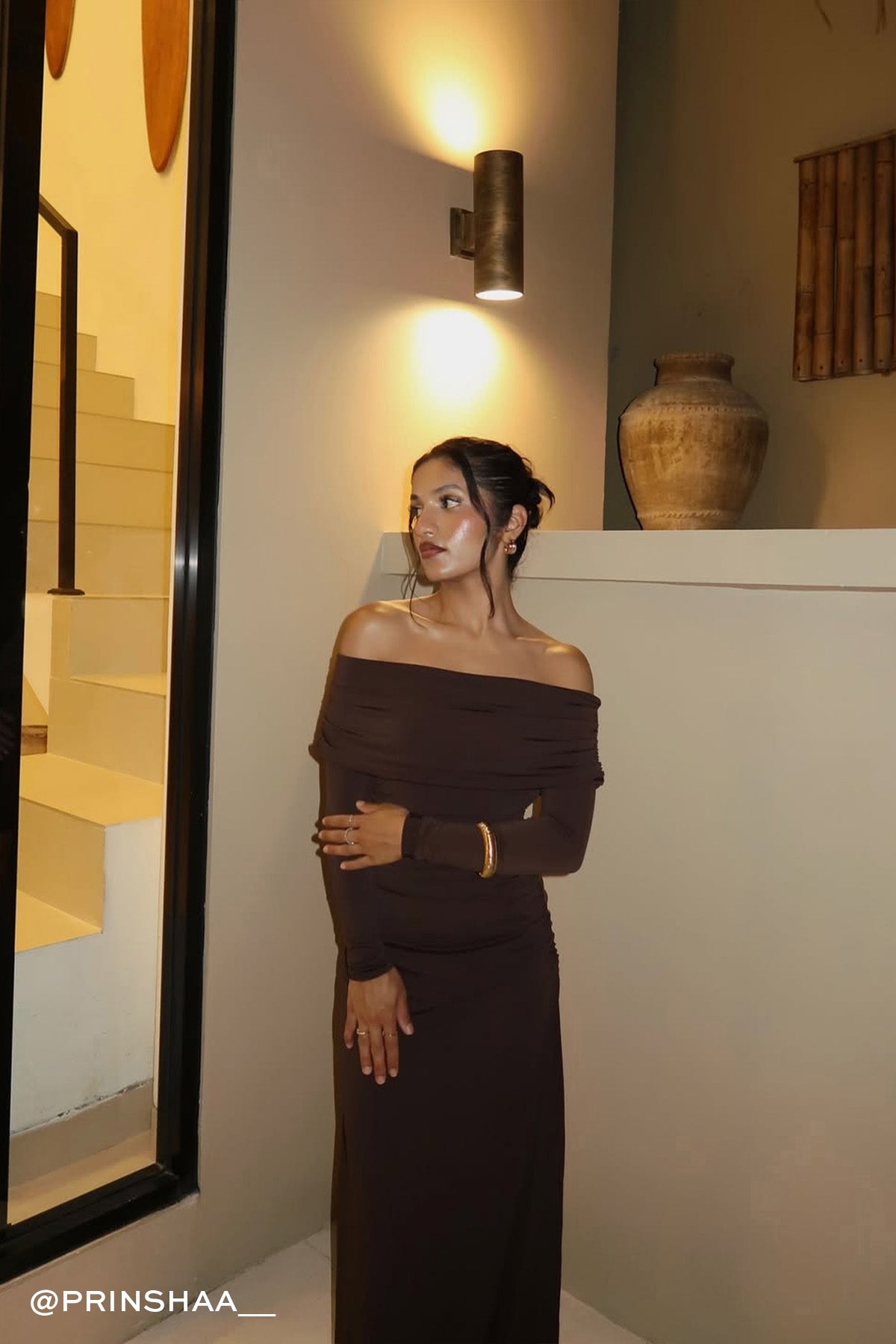 Perfect Stranger Rosetta Off Shoulder Long Sleeve Maxi Dress Ash Brown