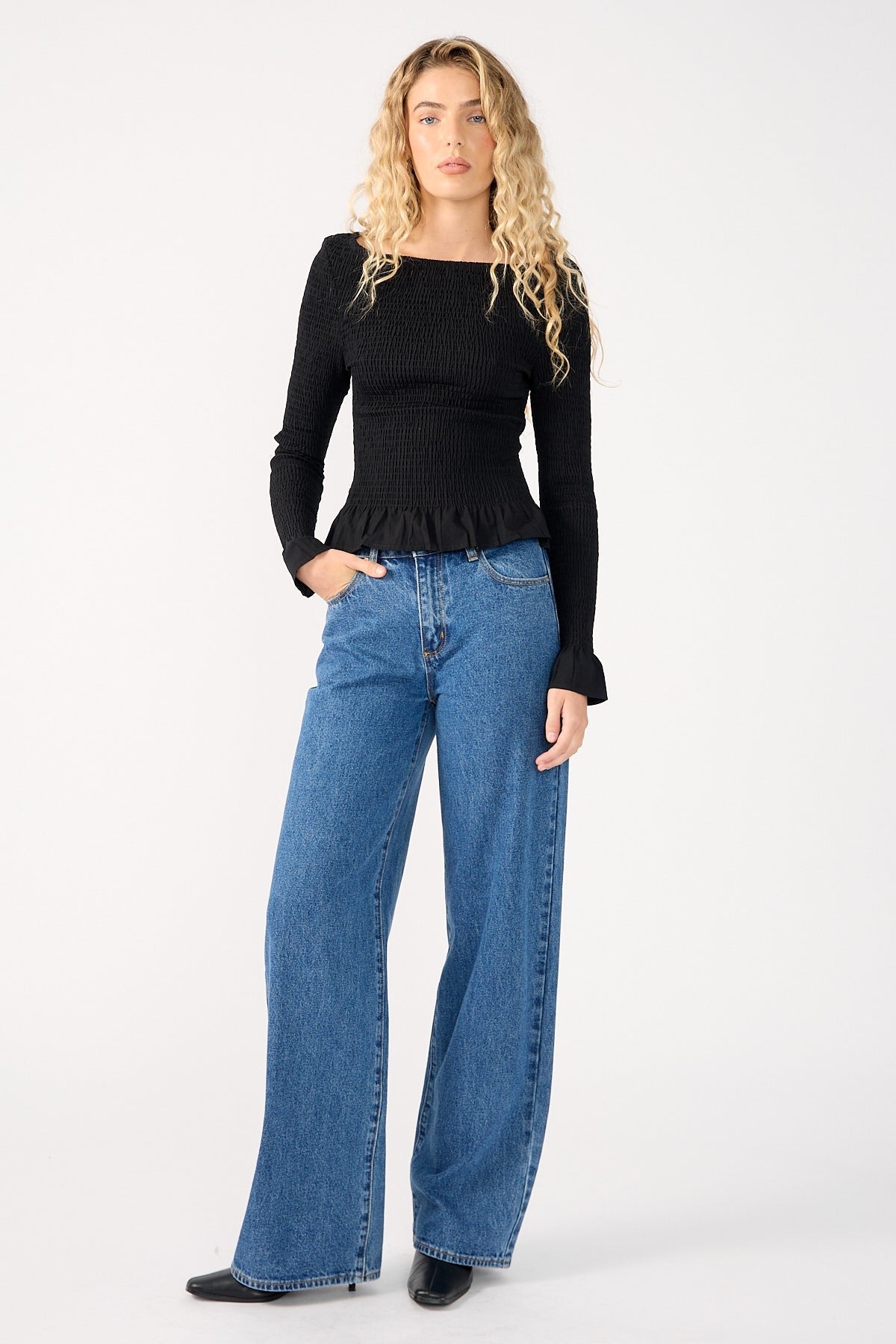 Perfect Stranger High Neck Shirred Long Sleeve Top Black