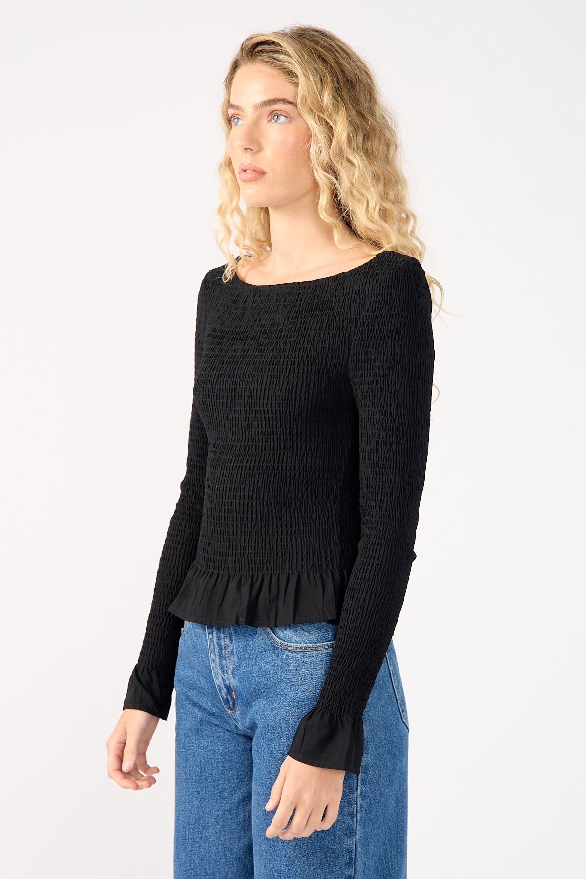 Perfect Stranger High Neck Shirred Long Sleeve Top Black
