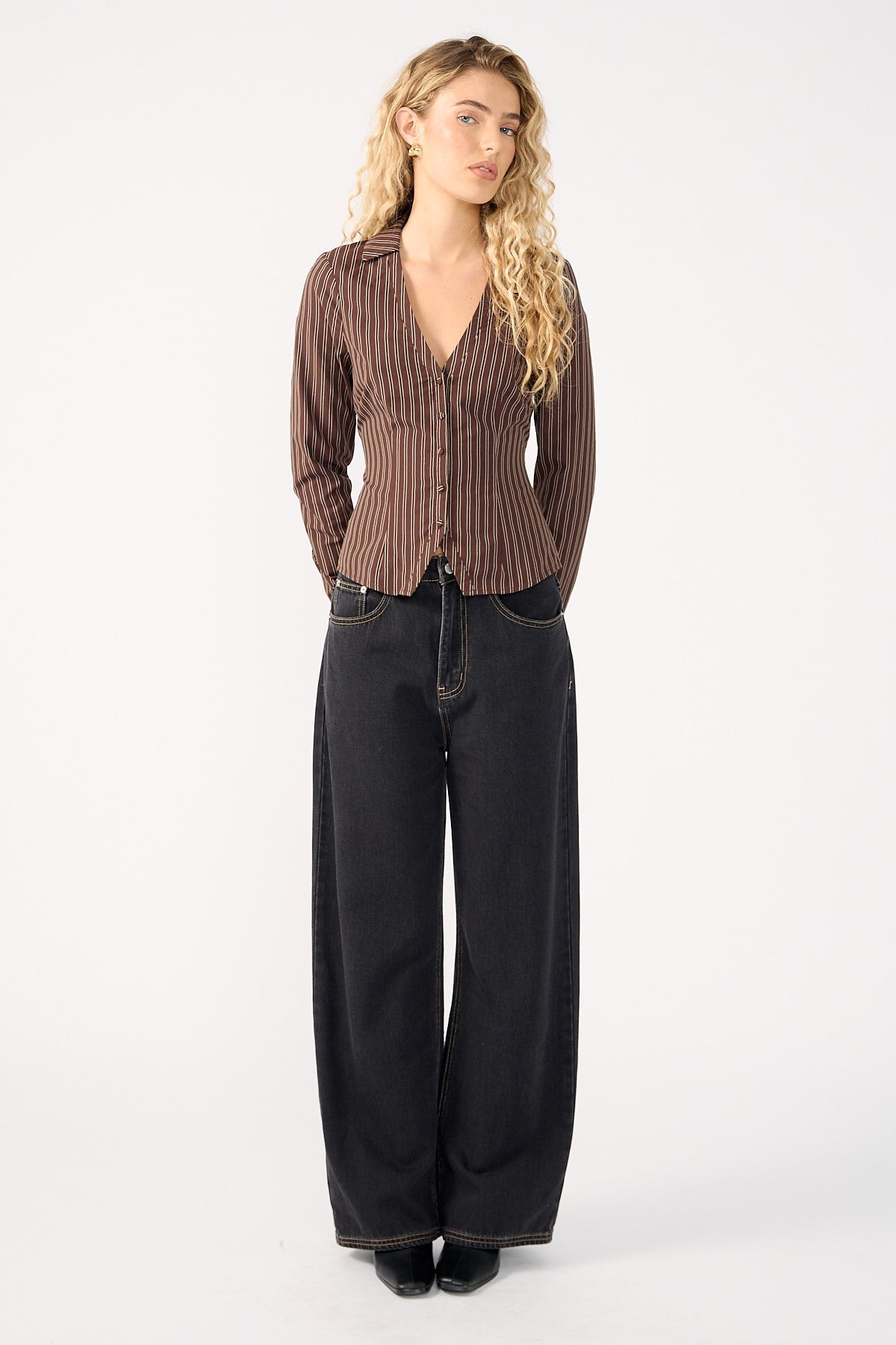 Perfect Stranger Hadid Fitted Long Sleeve  Shirt Brown Stripe