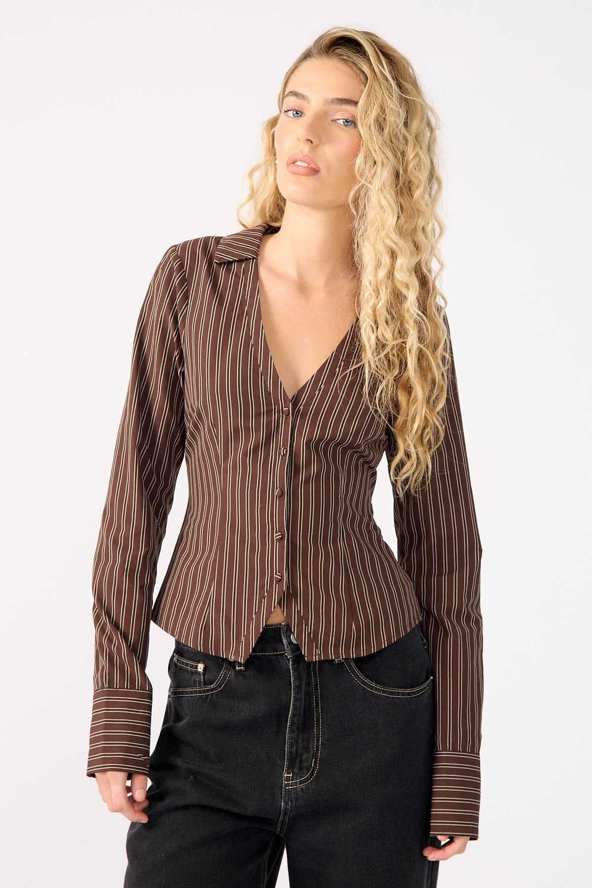 Perfect Stranger Hadid Fitted Long Sleeve  Shirt Brown Stripe