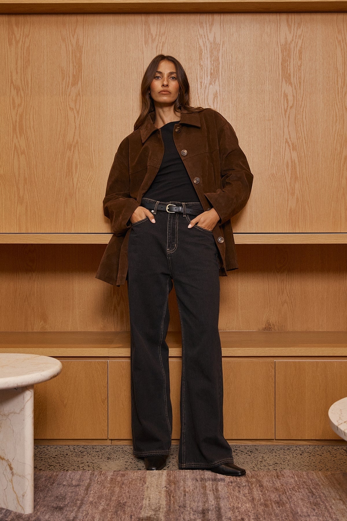 Perfect Stranger Raven PU Suede Long Line Jacket Brown