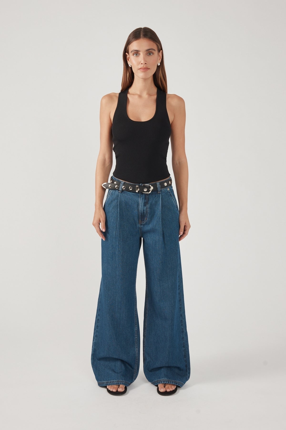 Perfect Stranger High Rise Pleated Jean Deep Blue Denim