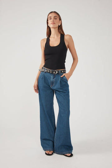 Perfect Stranger Mid Rise Pleated Jean Deep Blue Denim