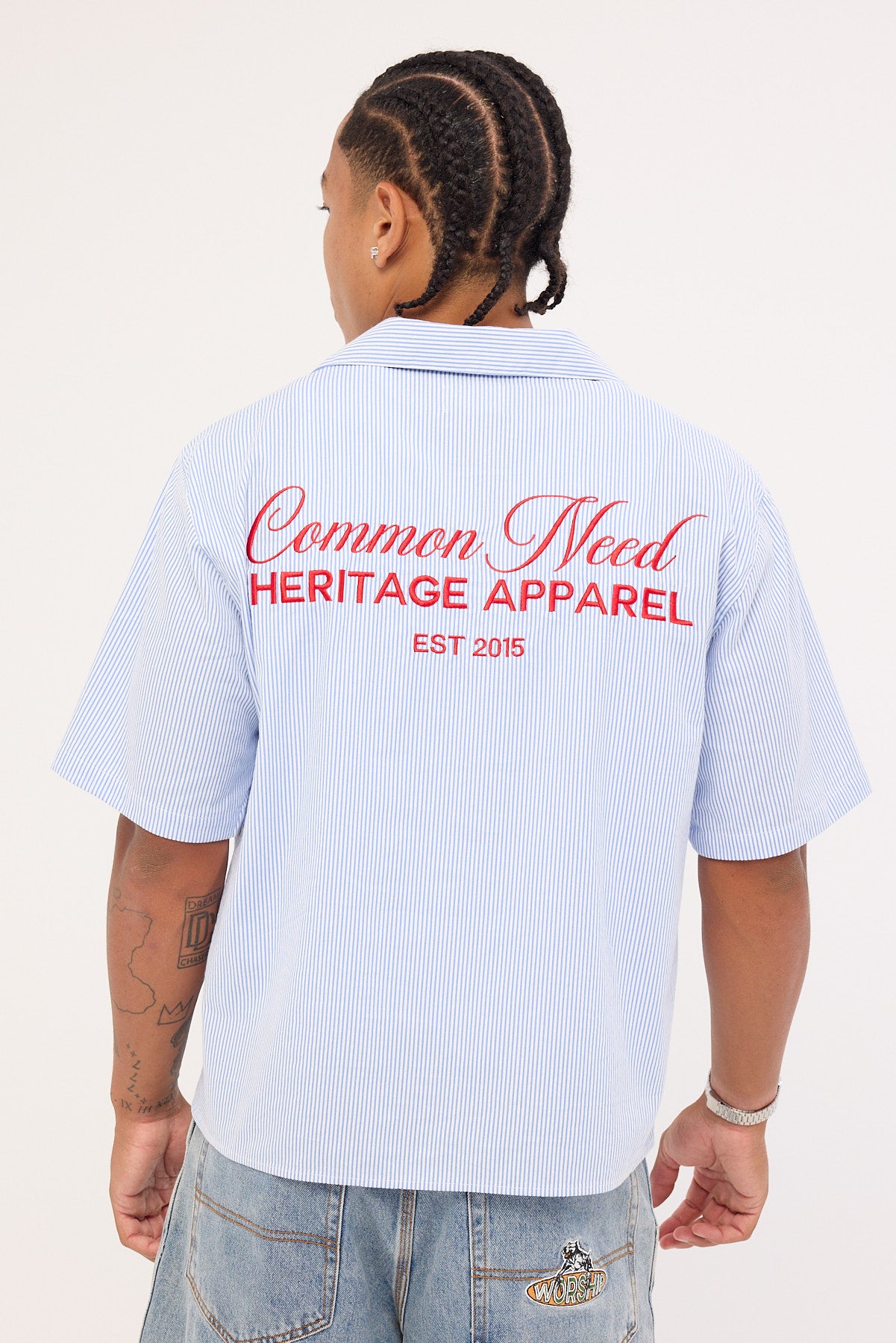 Common Need Royalty Boxy Cropped Resort Shirt Blue/White Stripe