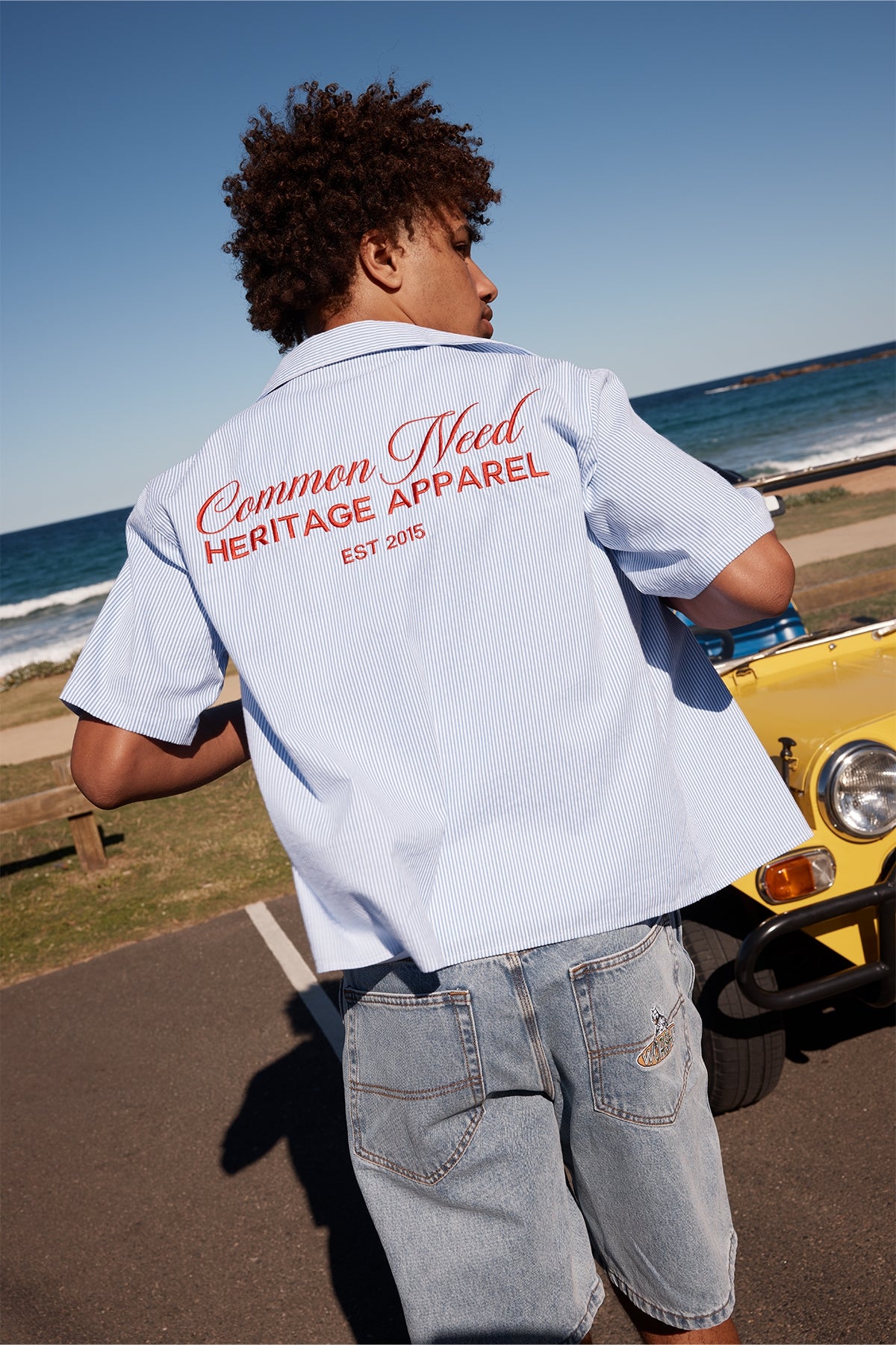 Common Need Royalty Boxy Cropped Resort Shirt Blue/White Stripe