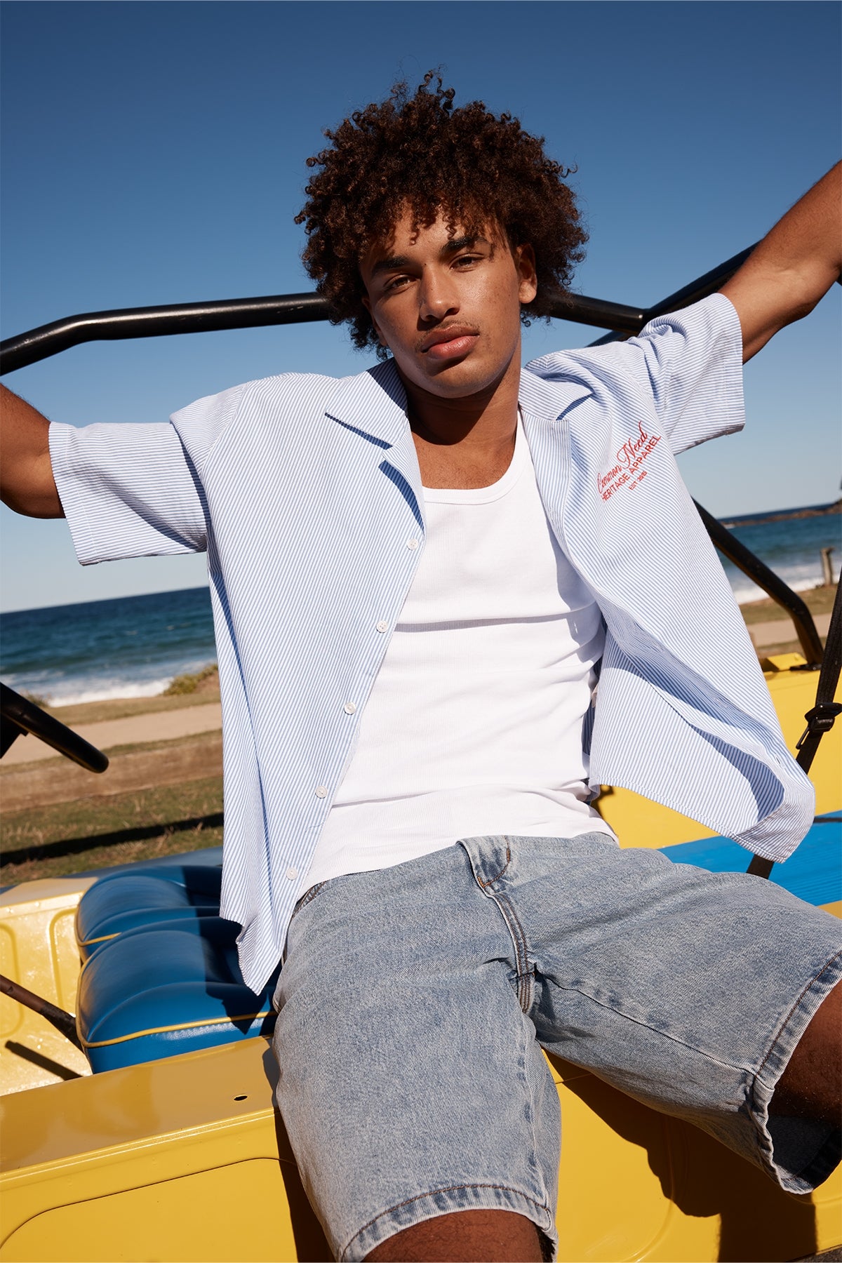 Common Need Royalty Boxy Cropped Resort Shirt Blue/White Stripe