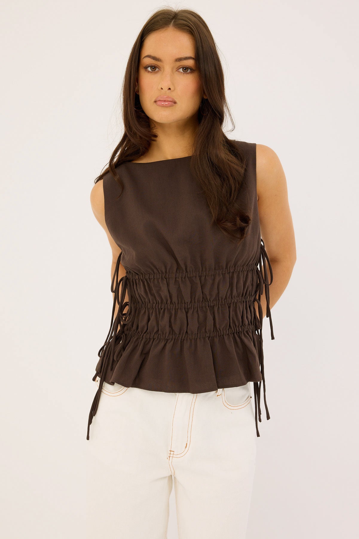 Luck & Trouble Verona Ruched Side Tie Top Chocolate