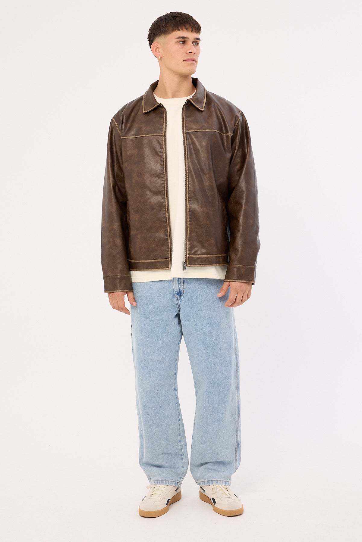 Common Need Pilot Recycled PU Leather Jacket Washed Brown