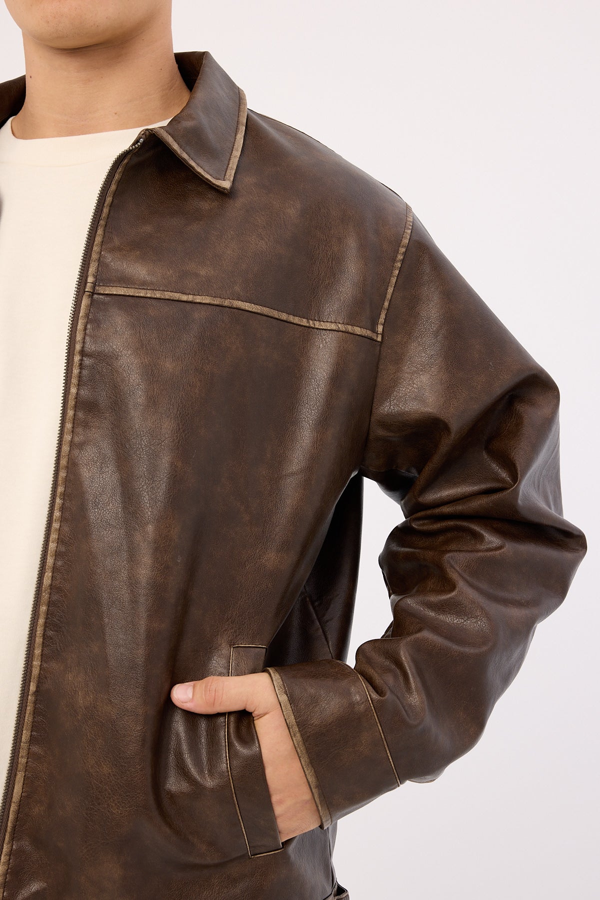 Common Need Pilot Recycled PU Leather Jacket Washed Brown