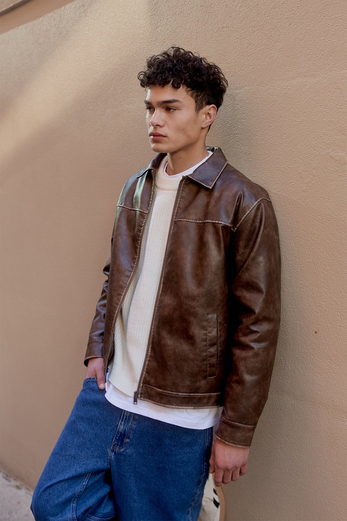 Common Need Pilot Recycled PU Leather Jacket Washed Brown