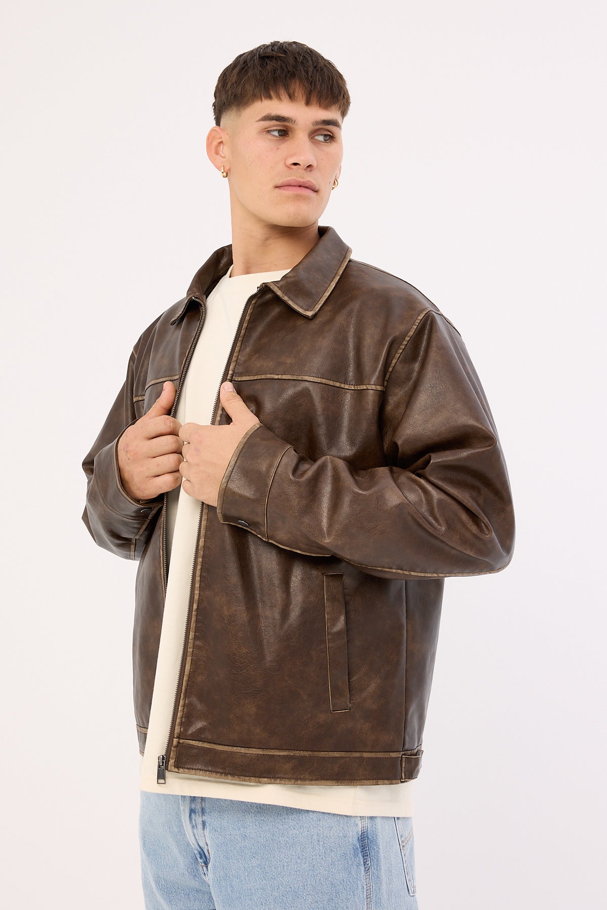 Common Need Pilot Recycled PU Leather Jacket Washed Brown
