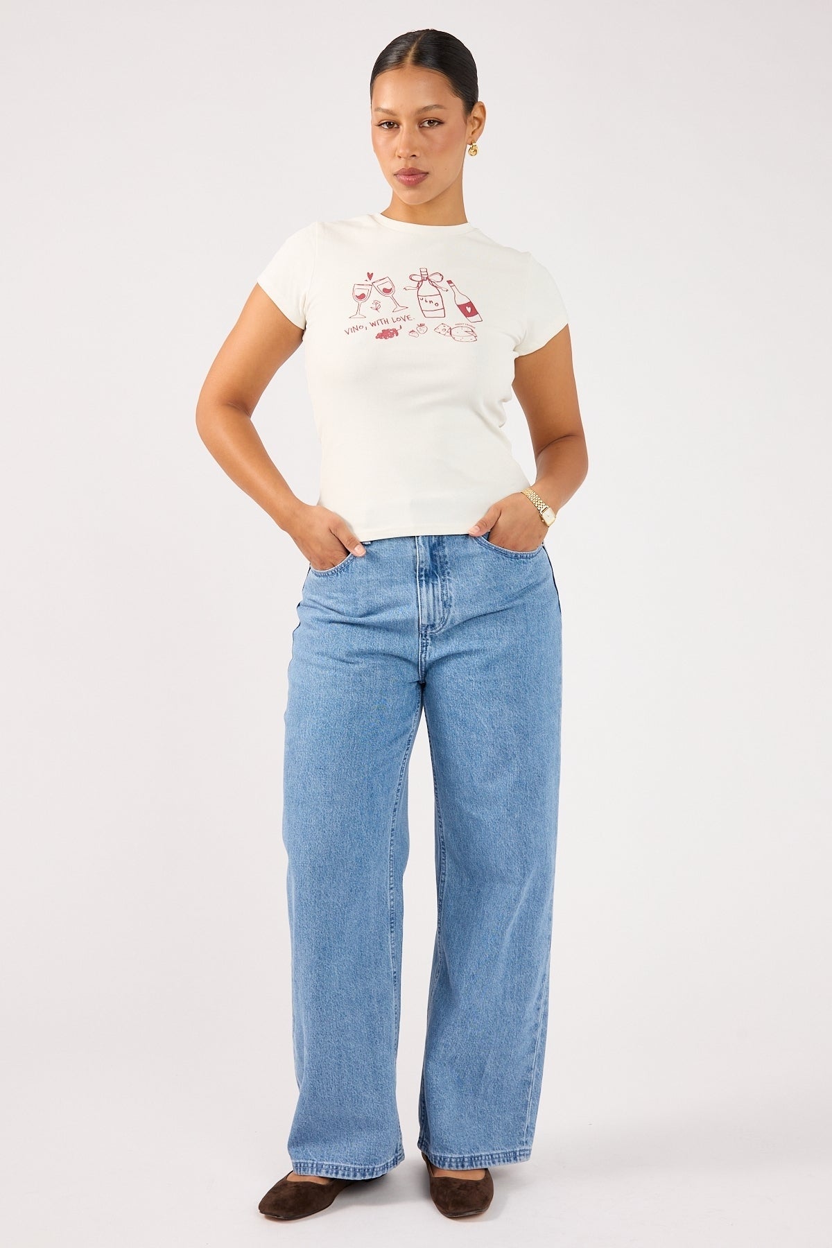 Perfect Stranger Vino Cap Sleeve Tee White Print