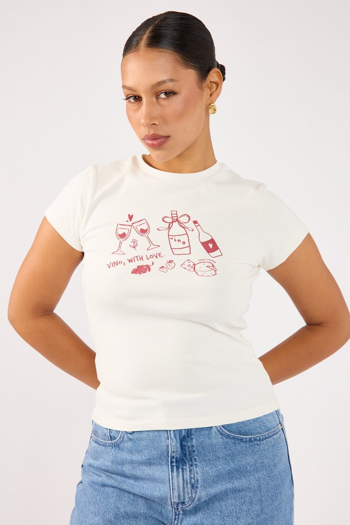 Perfect Stranger Vino Cap Sleeve Tee White Print