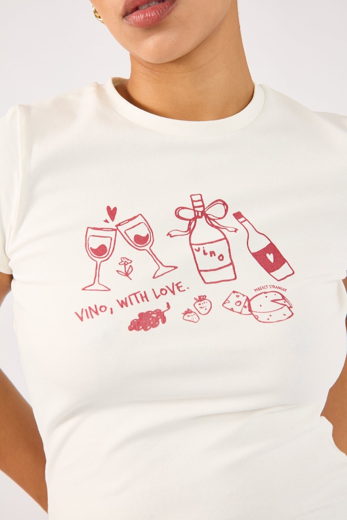 Perfect Stranger Vino Cap Sleeve Tee White Print