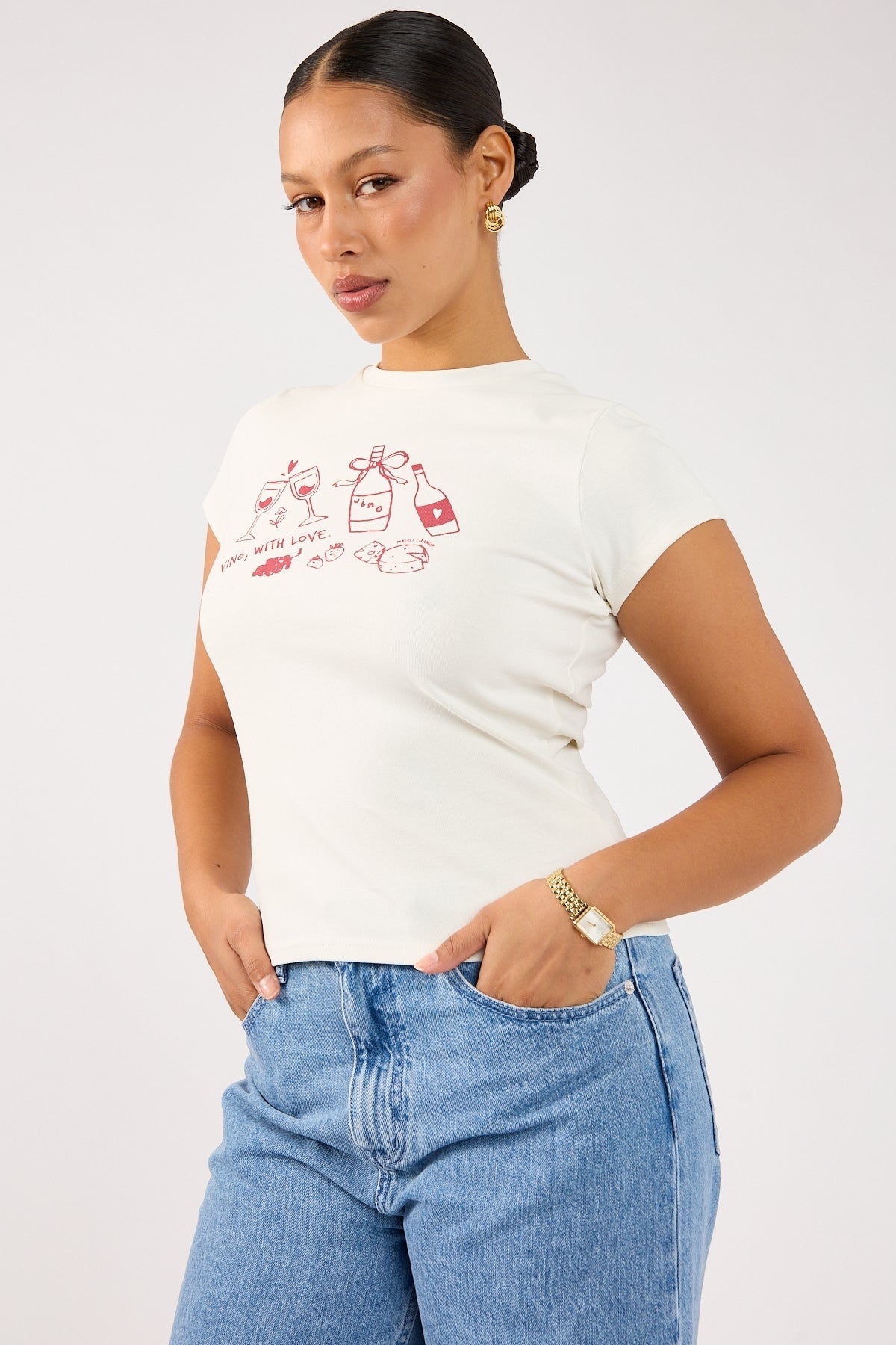 Perfect Stranger Vino Cap Sleeve Tee White Print