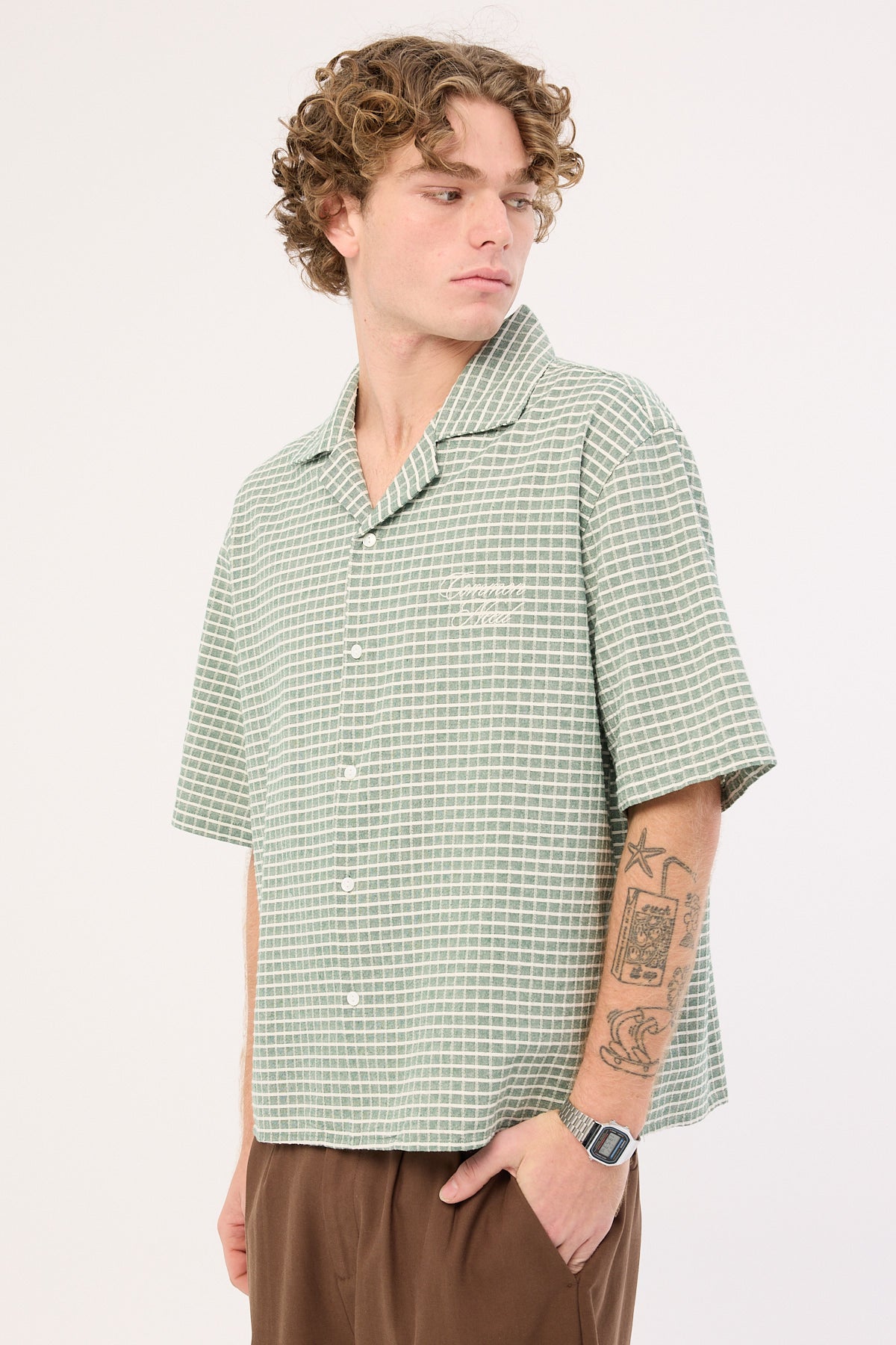 Common Need Niko Boxy Cropped Resort Shirt Green Check