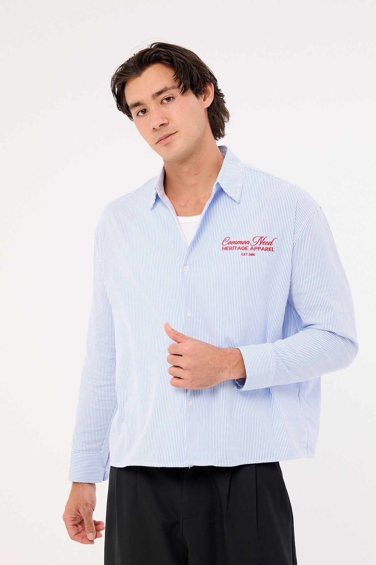 Common Need Royalty Boxy Long Sleeve Resort Shirt Blue Stripe