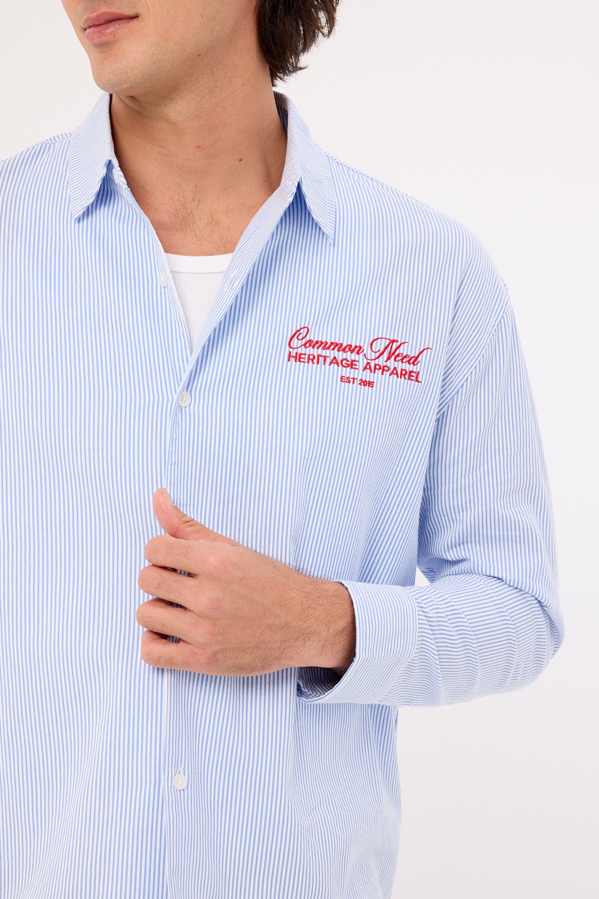 Common Need Royalty Boxy Long Sleeve Resort Shirt Blue Stripe