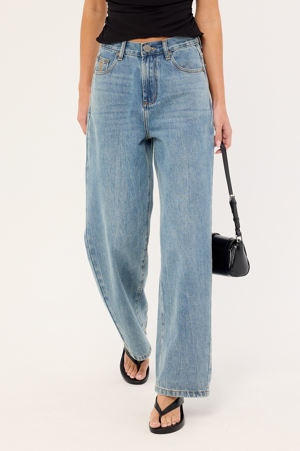 One Teaspoon Baxters Mid Waist Wide Leg Denim Jeans Blue Crush