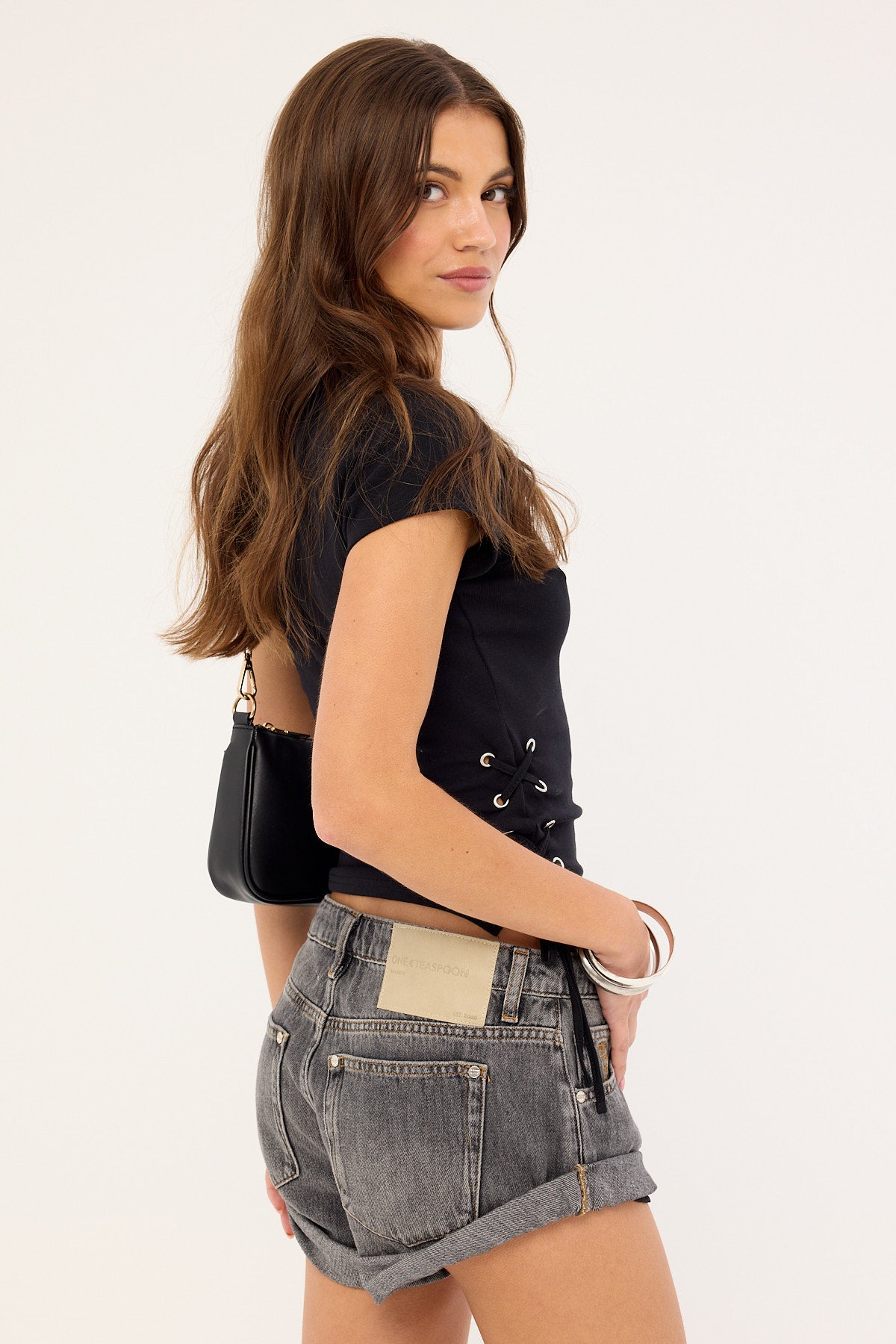 One Teaspoon Bandits Low Waist Denim Shorts Charcoal