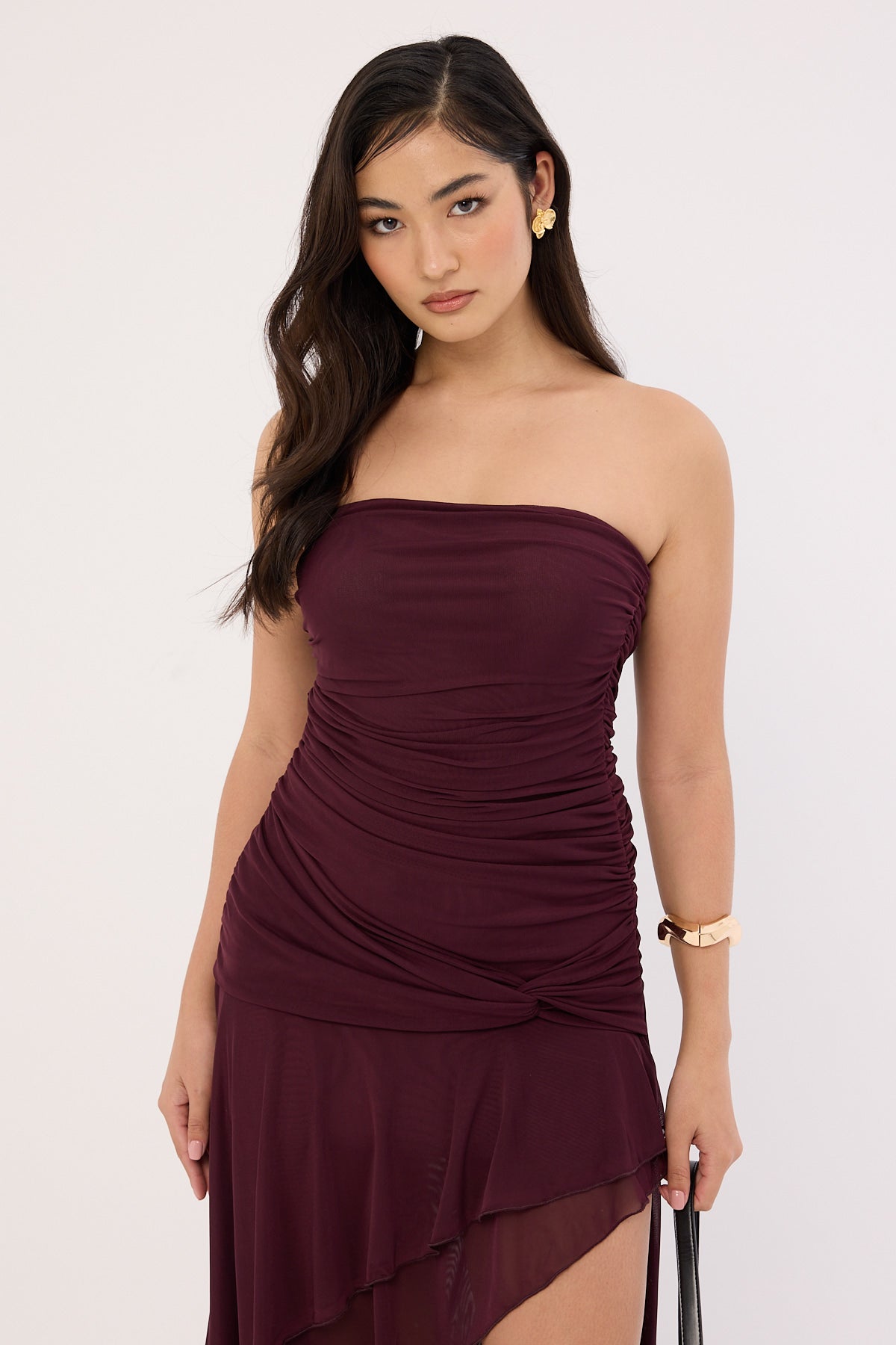 Luck & Trouble Malia Strapless Asymmetrical Midi Dress Plum