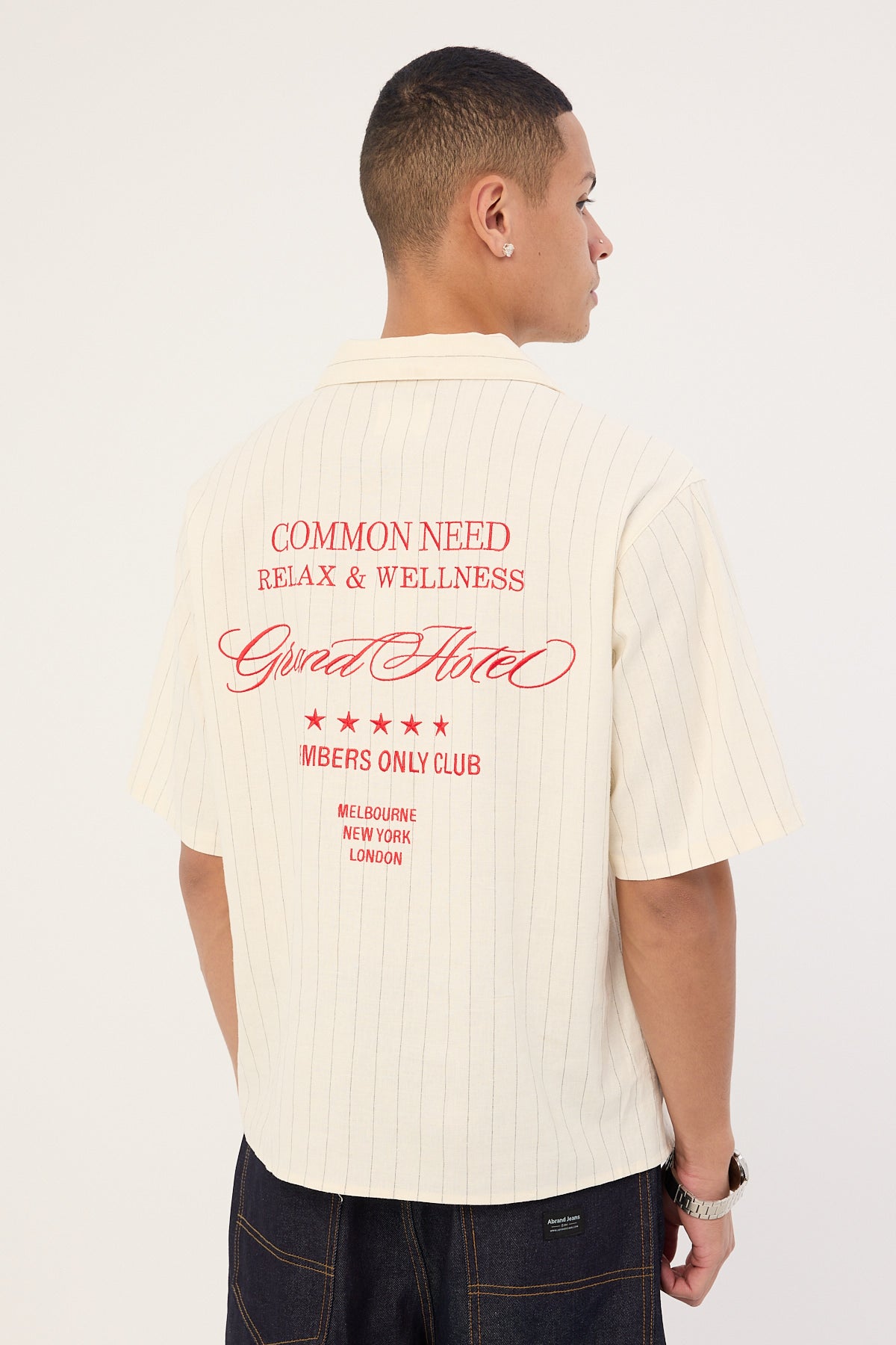 Common Need Hotel Boxy Cropped Resort Shirt White Pinstripe