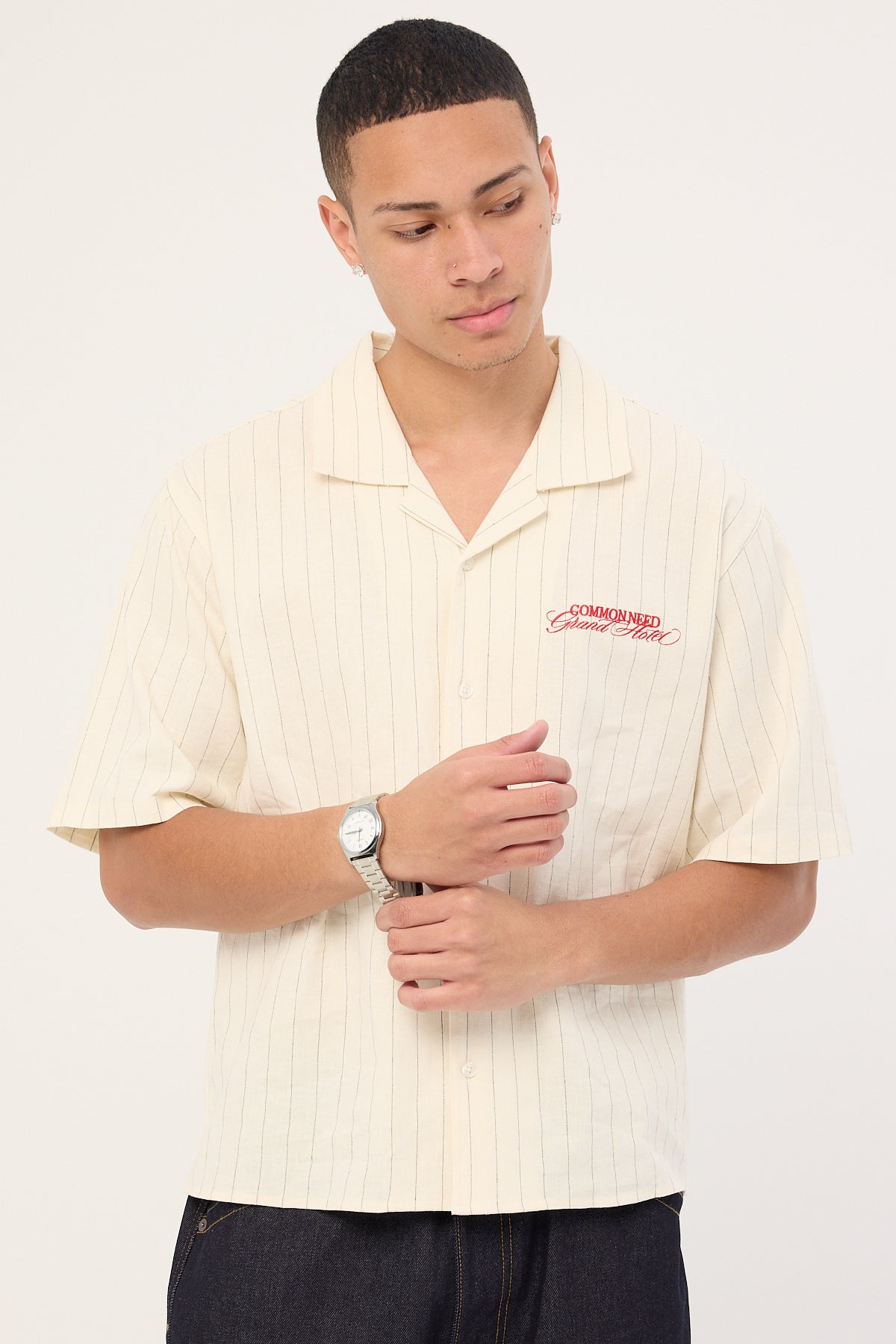 Common Need Hotel Boxy Cropped Resort Shirt White Pinstripe