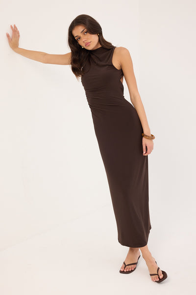 perfect stranger brown dress Perfect Stranger Full Bloom High Neck Maxi Dress Brown Print