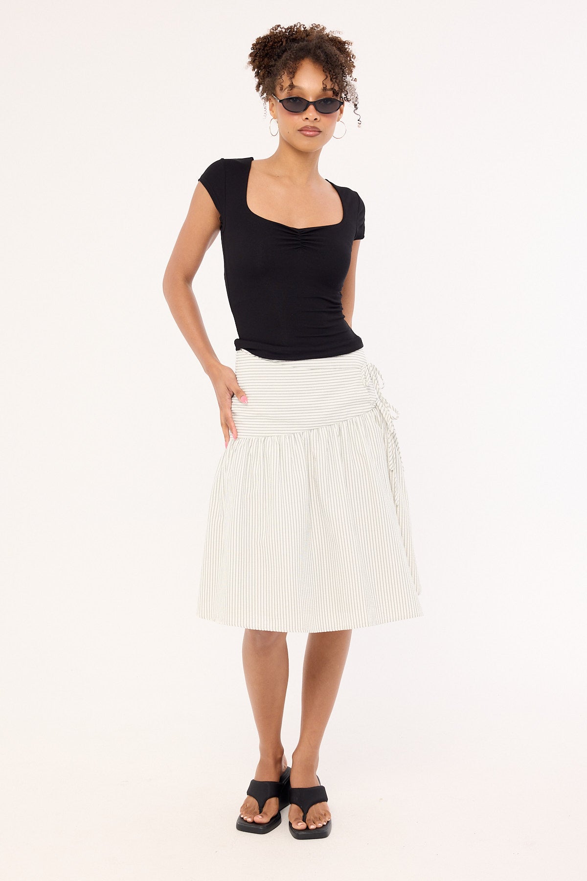 Perfect Stranger Mysti Wrap Midi Skirt White and Black Stripe