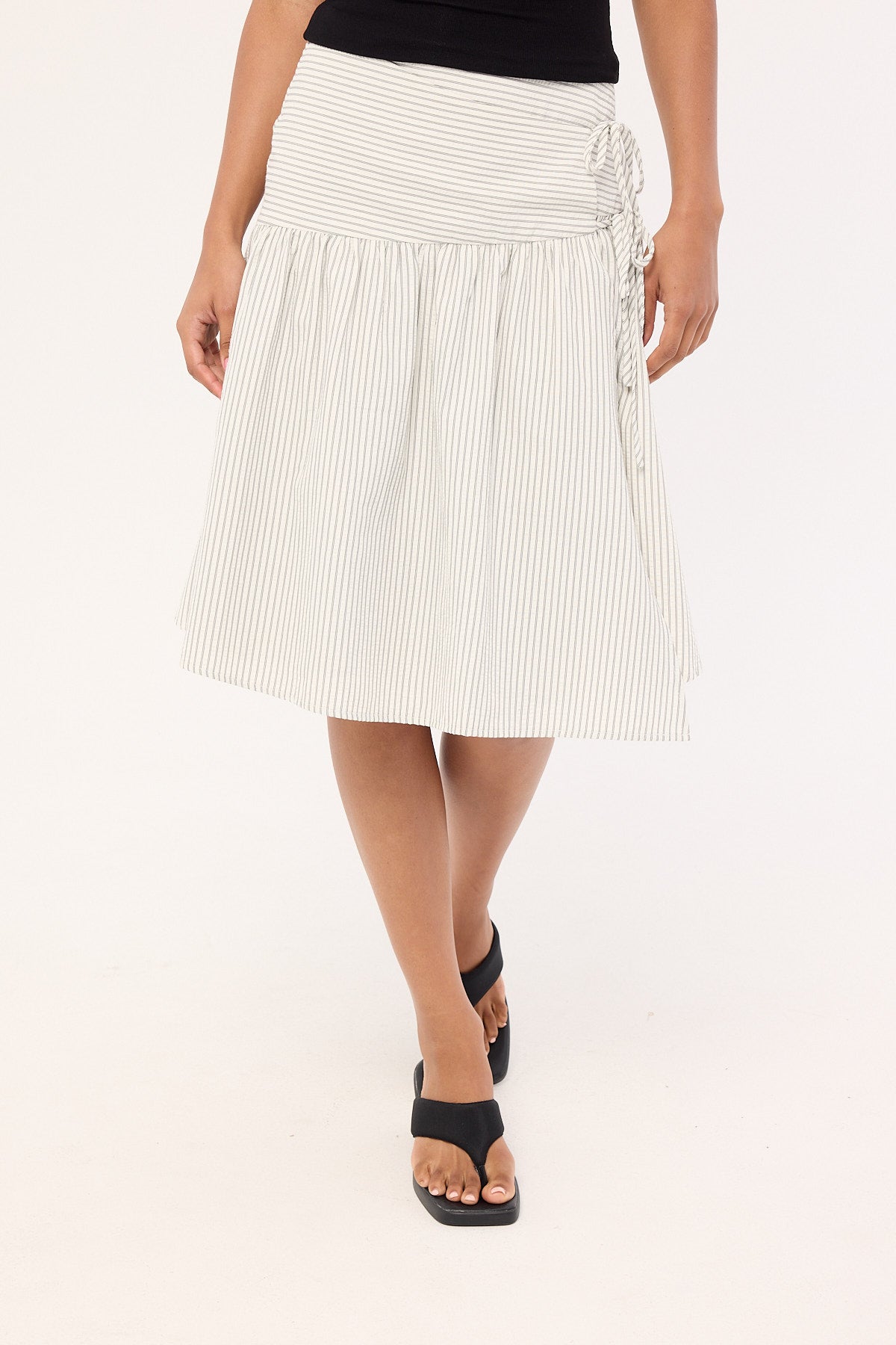 Perfect Stranger Mysti Wrap Midi Skirt White and Black Stripe