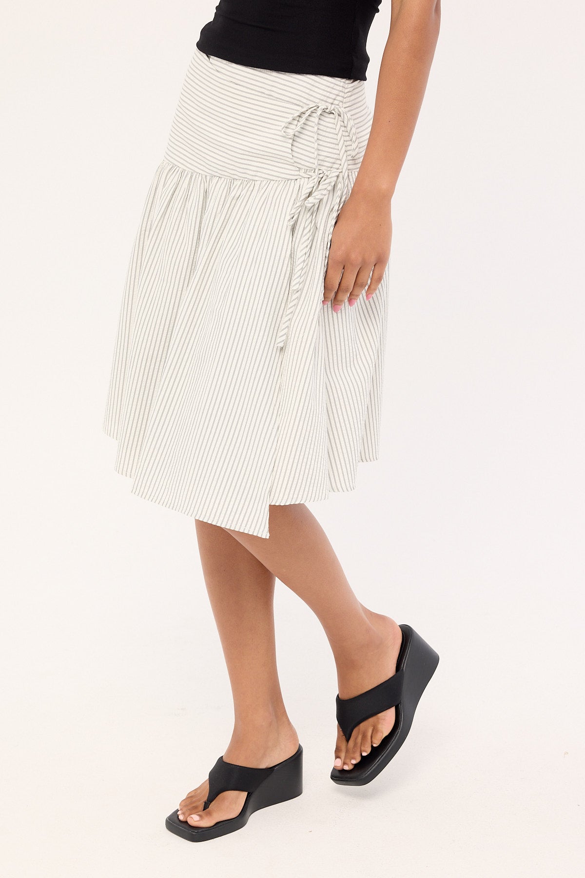 Perfect Stranger Mysti Wrap Midi Skirt White and Black Stripe