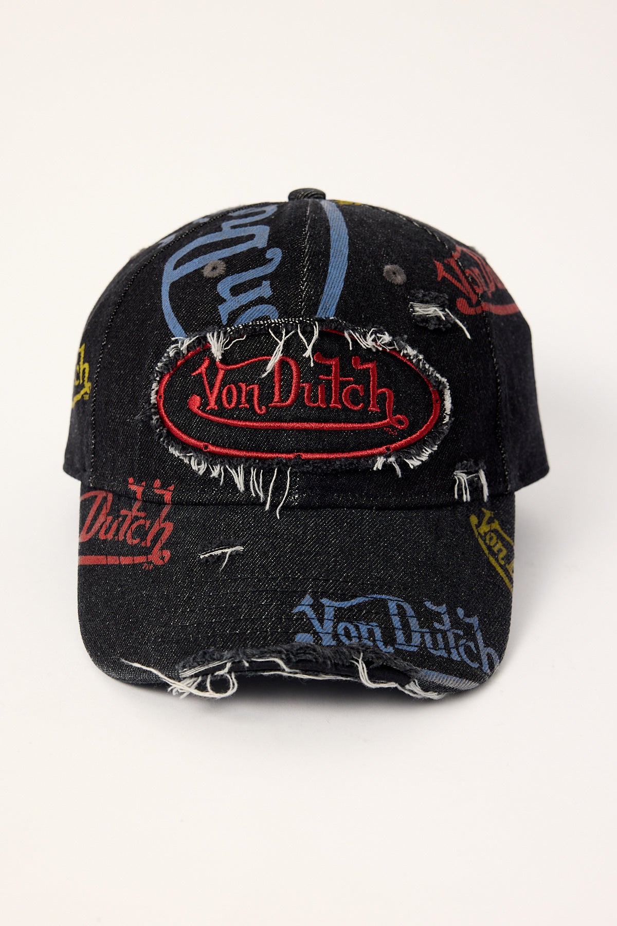 Von Dutch Distressed Denim Logos Dad Cap Washed Black