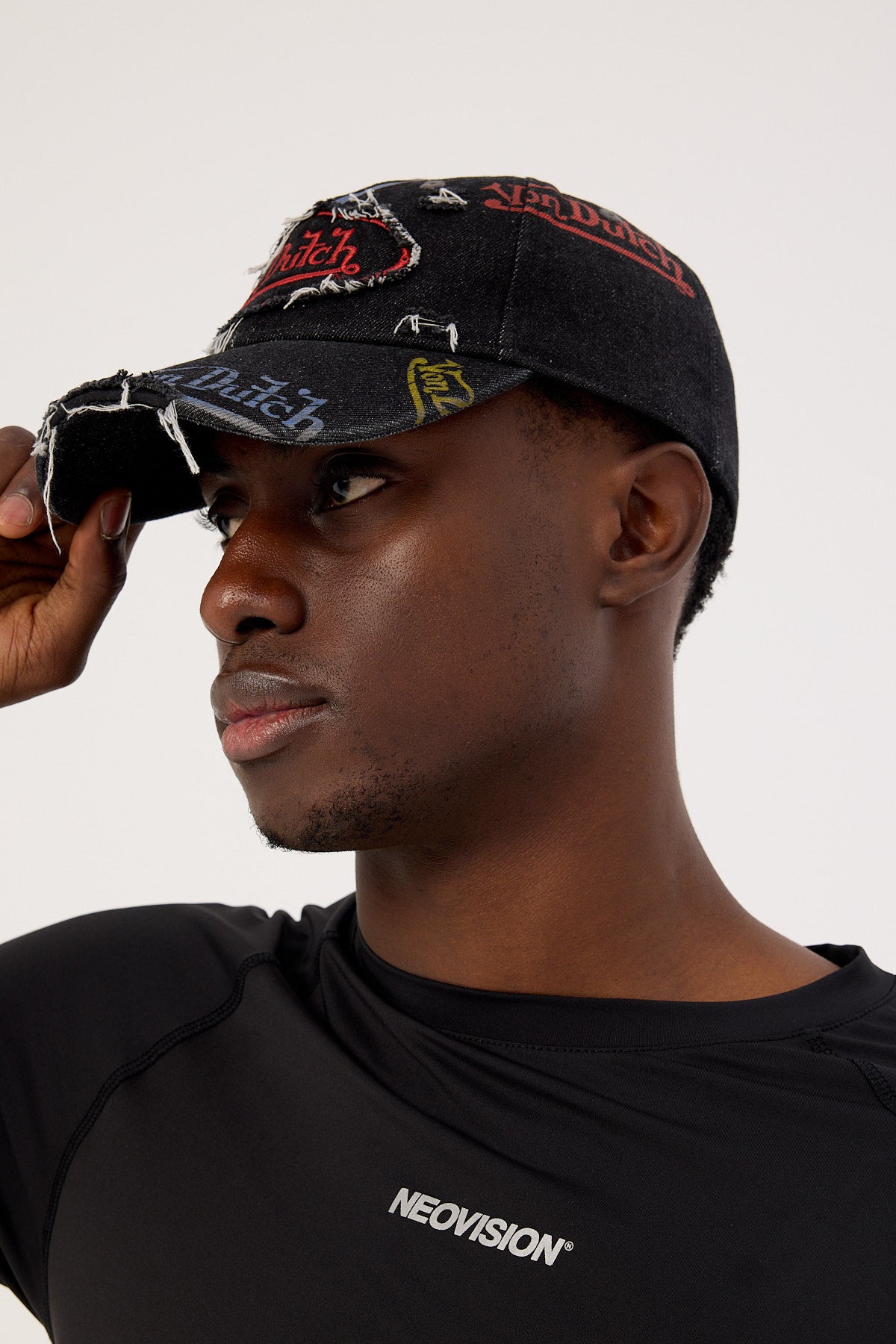 Von Dutch Distressed Denim Logos Dad Cap Washed Black